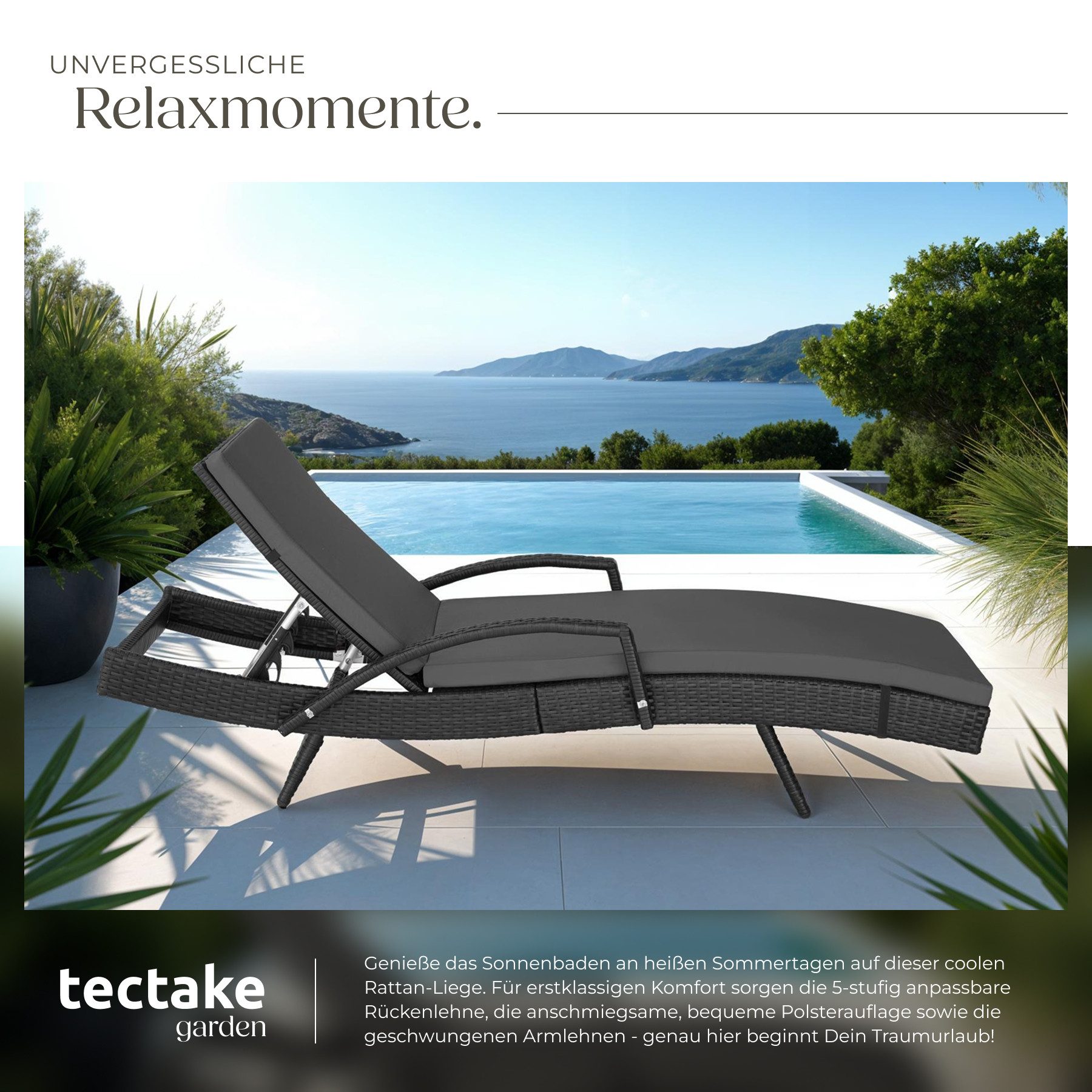 tectake Gartenliege Sonnenliege - 5-fach verstellbare Rückenlehne, Balkonliege Océane, 1 St., in Schwarz, rostfreies Aluminium mit polyrattan Geflecht. – Bild 4 von 5