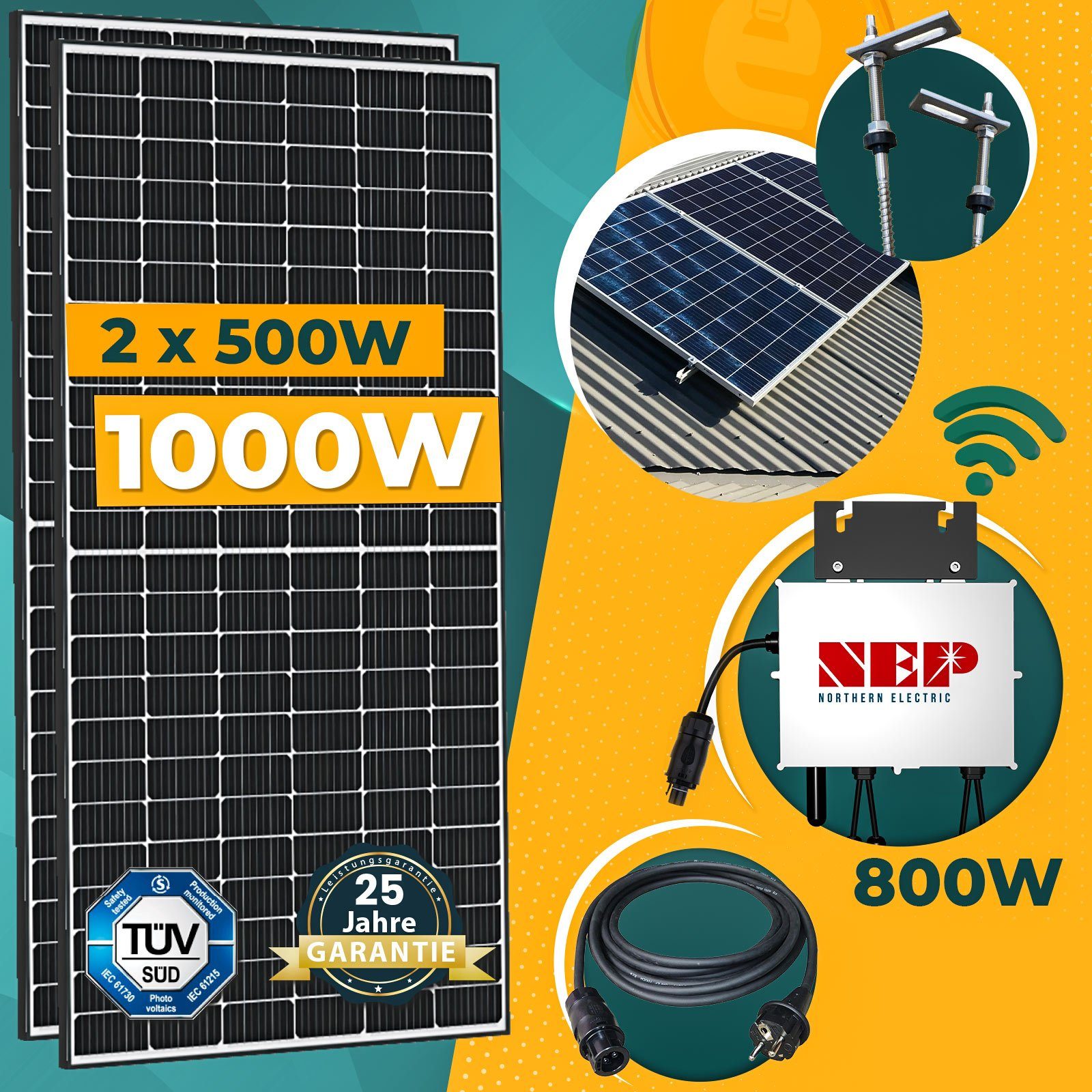 WIFI enprovesolar Solaranlage und 500W 1000W inkl. 10M Komplettset Schuko PV-Montage Wechselrichter, Stecker Solarmodule, Balkonkraftwerk 800W Stockschrauben NEP
