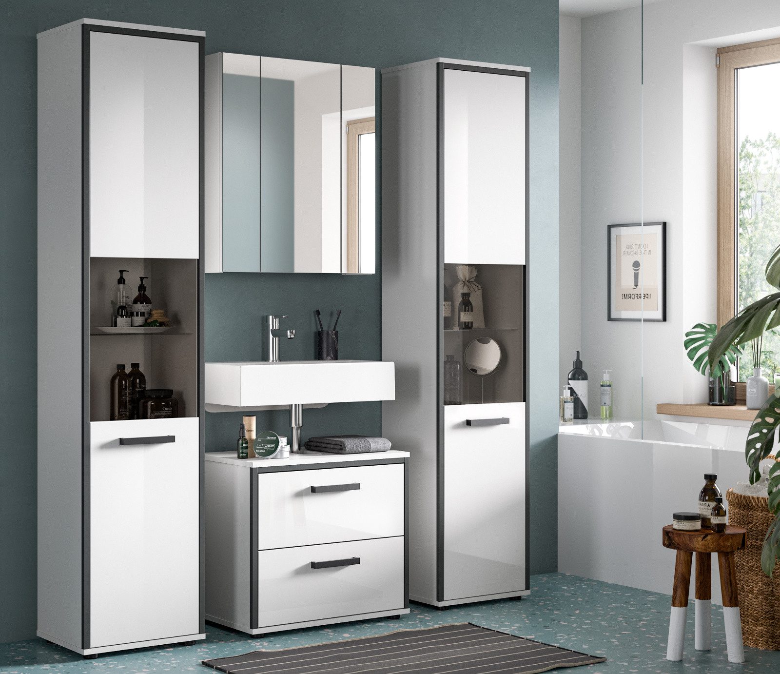 Inn.Furn Badmöbel-Set Telly, (Set in Weiß Hochglanz mit Grau, Badezimmer 4-teilig, 170 x 188 cm), mit 2x Hochschrank für extra viel Stauraum