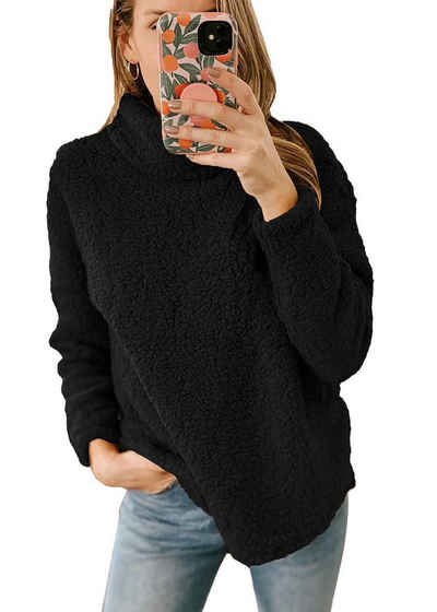 RUZU UG Rollkragenpullover Rollkragen einfarbiger Fleece-Pullover für Damen