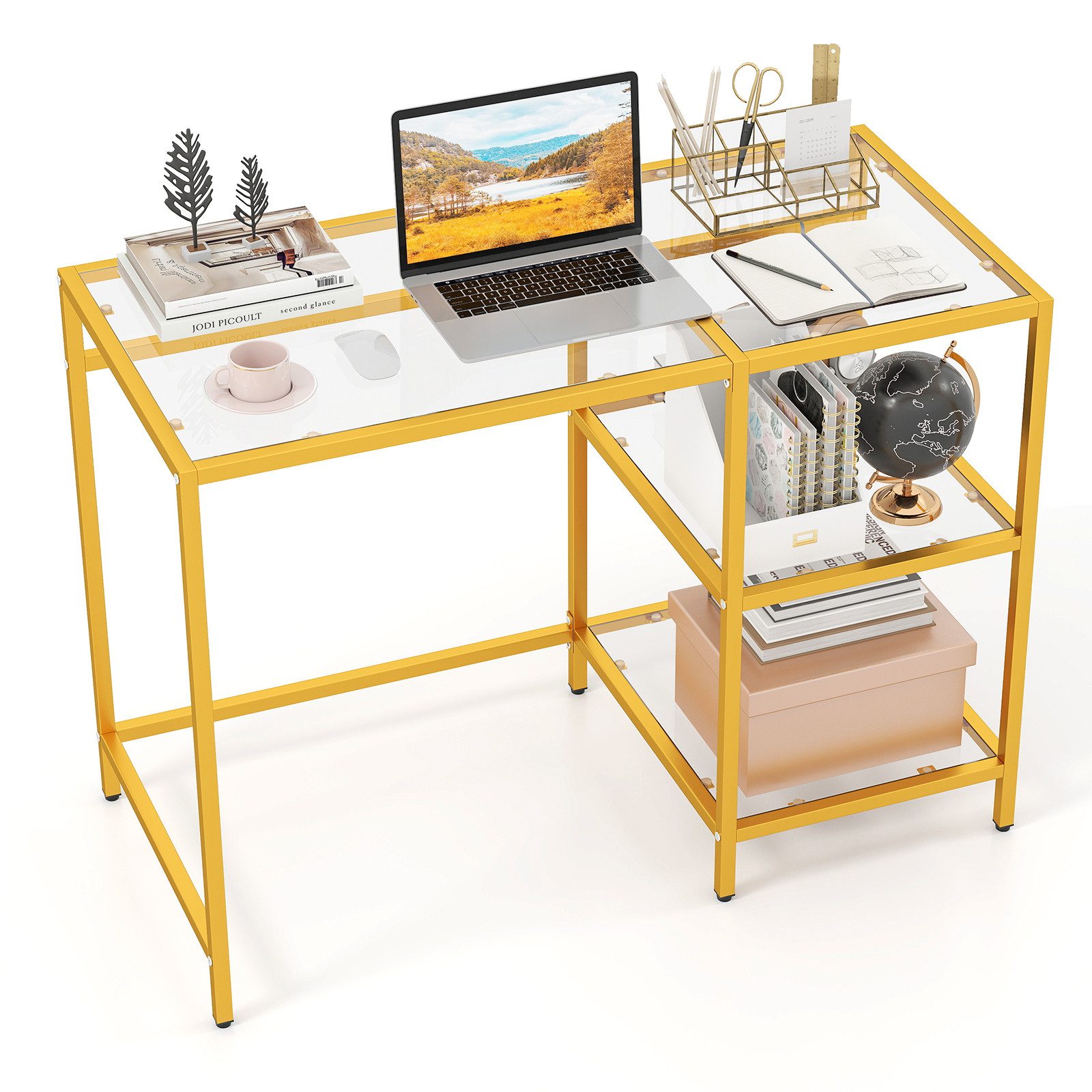COSTWAY Glastisch, Schreibtisch aus gehärtetem Glas, mit 2 Regalen, gold, 51x106x76cm