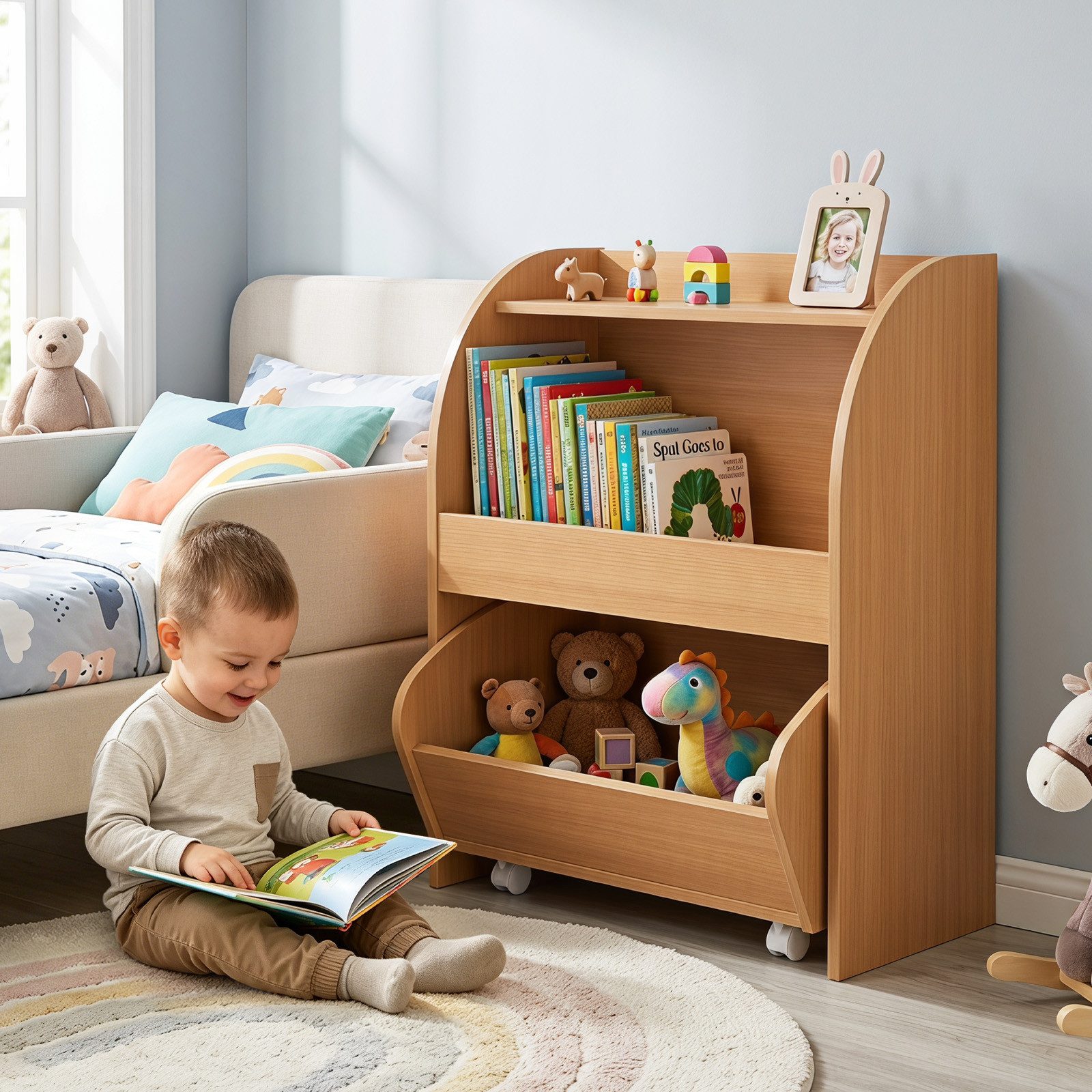 COSTWAY Kinderregal, Bücherregal Kinder aus Holz mit Schublade auf Rollen