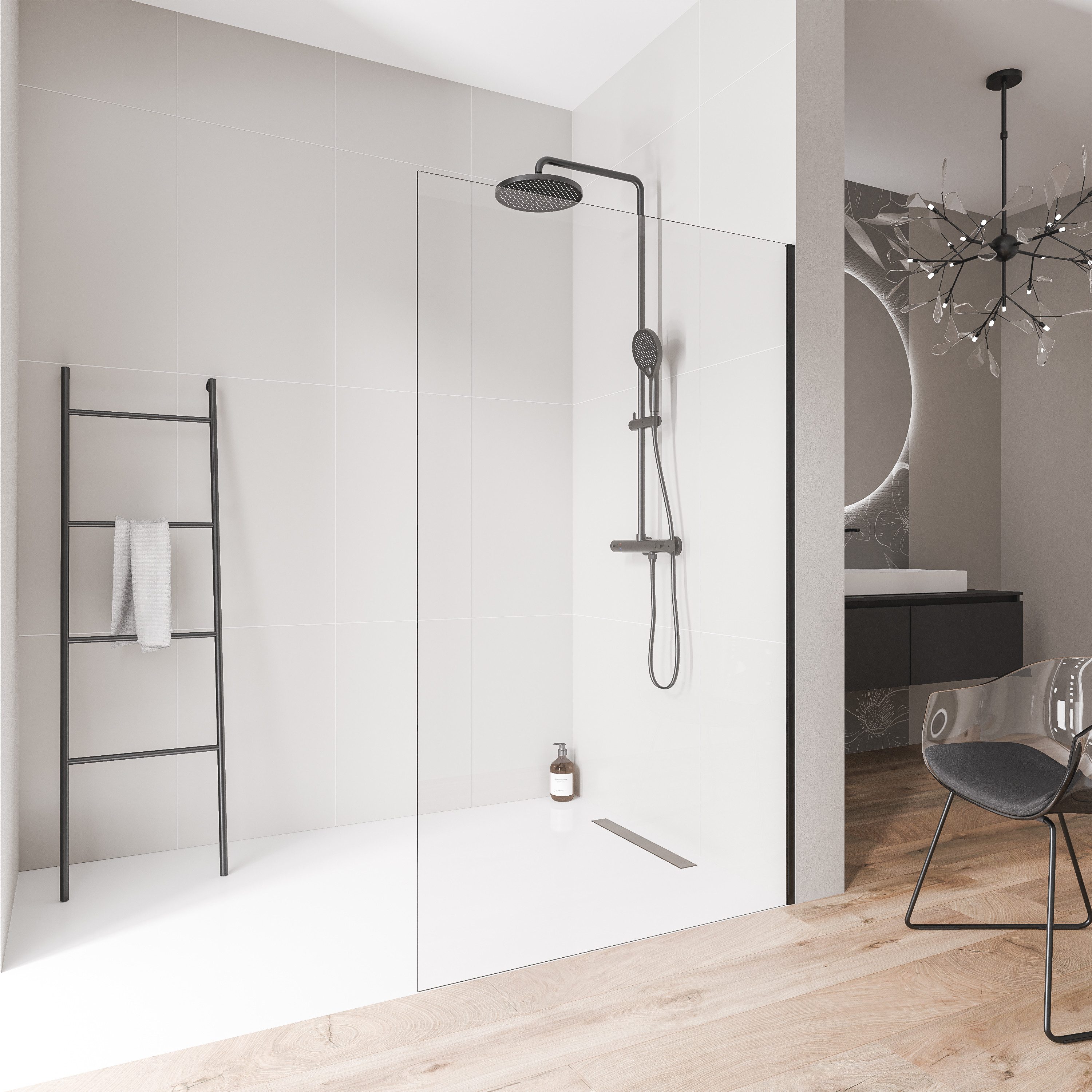 Bernstein Walk-in-Dusche EX102, Einscheibensicherheitsglas (ESG), (1 tlg., Ohne Bodenprofil), Klarglas, 10 mm, Ohne Bodenprofil, Profil Schwarz matt