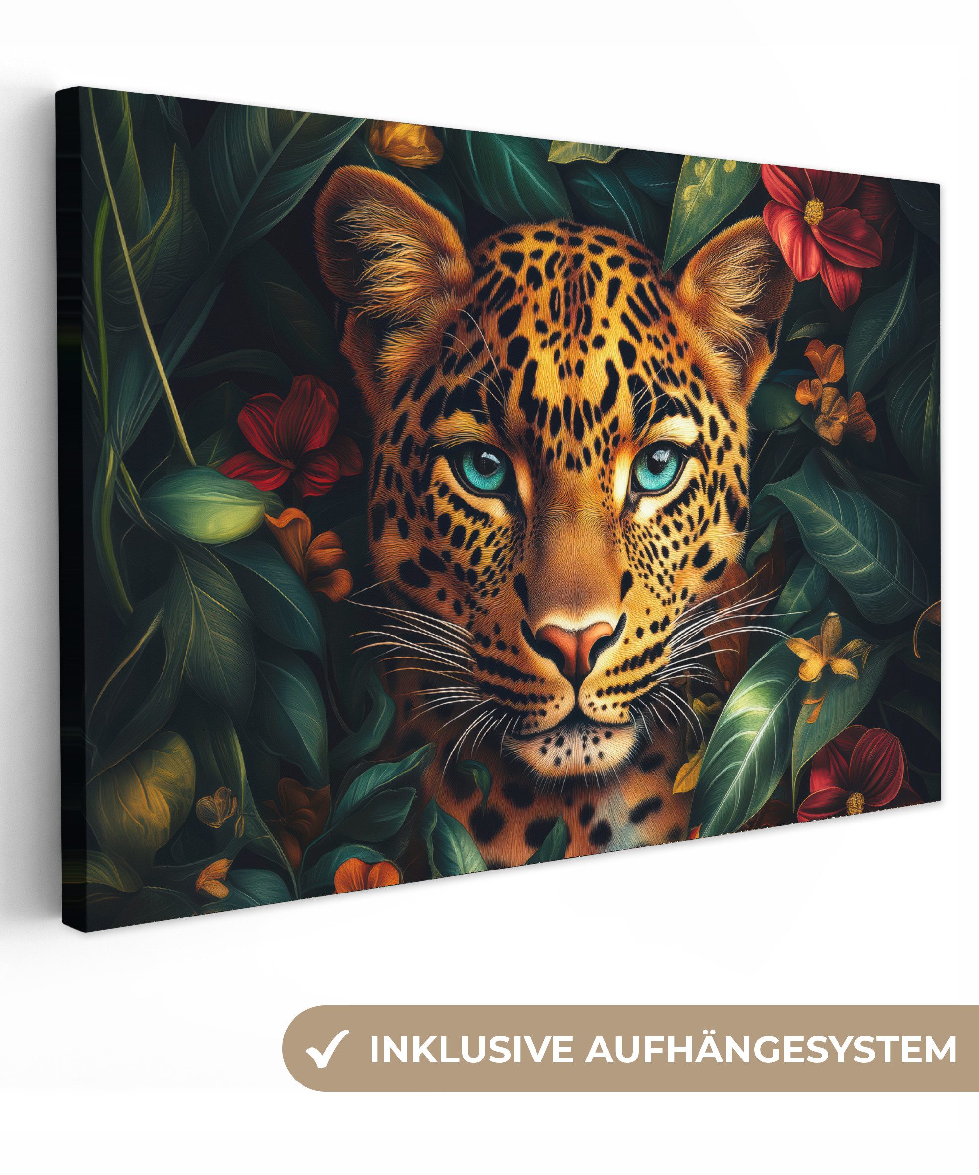 OneMillionCanvasses® Leinwandbild Leopard - Natur - Blumen - Dschungel, Fot günstig online kaufen