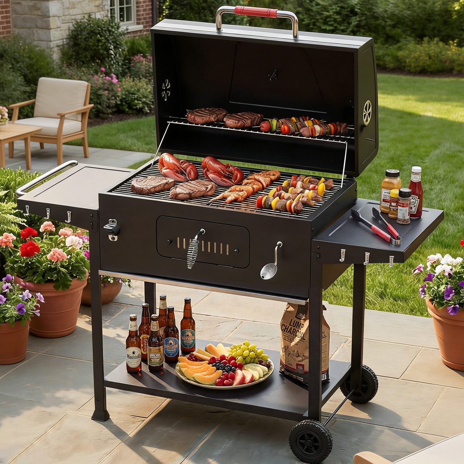 HOMALL Holzkohlegrill XXL Mobiler Gartengrill, mit Grillzubehör Set, Grillfläche: 71×43cm, Großer Holzkohlegrill mit Rädern, Grillstation mit Warmhaltezone & Belüftung, Klappbarem Lagerregal und Flaschenöffner, Rostbeständig BBQ Grill