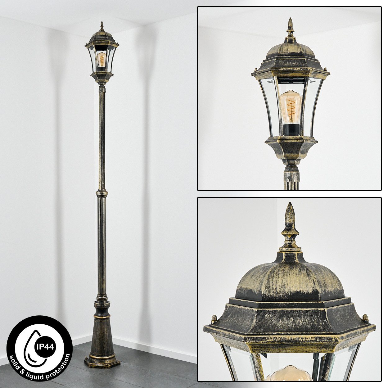 hofstein Pollerleuchte Wegeleuchte aus Metall/Glas in Schwarz-Goldfarben/Klar, ohne Leuchtmittel, Kandelaber, max. 230 cm, Landhaus IP44, 1 x E27, ohne Leuchtmittel