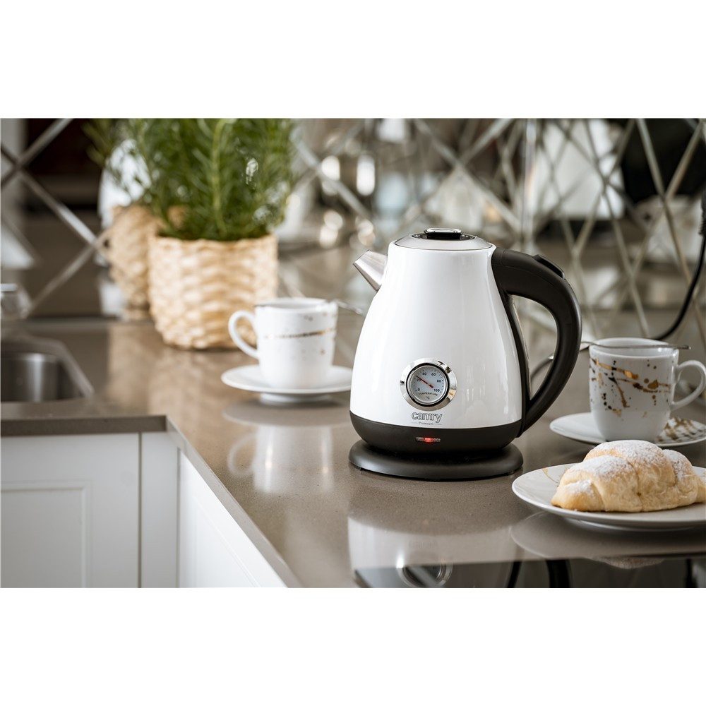 Camry Wasserkocher CR 1344w Retro Edelstahl Wasserkocher mit Thermometer, 1,7 l, 2200 W, analoge Temperaturanzeige, Kalkfilter, Teekocher, Tee, Kaffee, Weiß