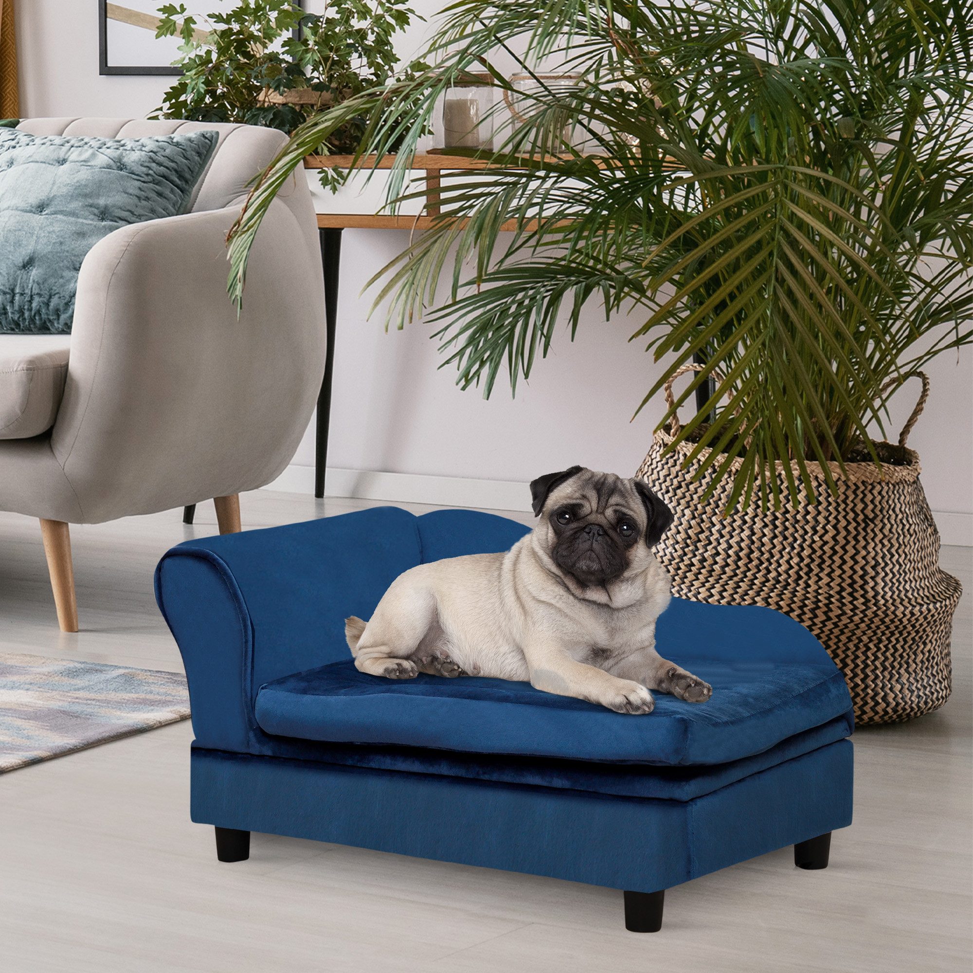 PawHut Tierbett Hundesofa, Hundecouch mit Lagerraum, Rückenlehne, Plüsch, Naturholz+Plüsch Blau 76 x 45 x 43 cm