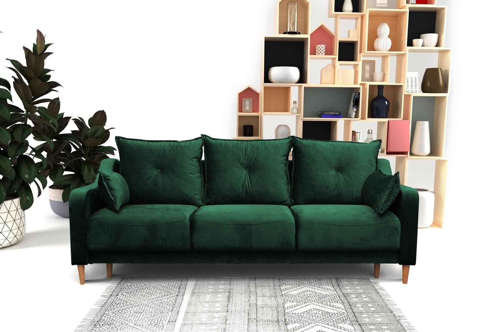 Beautysofa Sofa LENNY, 217 cm Sofa Holzbeine Stil, Skandinavisches Polstersofa, und mit Dunkelgrün mit 38) Schlaffunktion Bettkasten, (riviera im