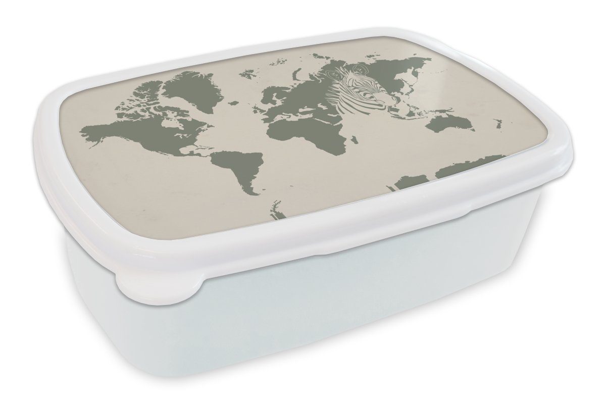 MuchoWow Lunchbox Weltkarte - Tiere - Zebra, Kunststoff, (2-tlg), Brotbox für Kinder und Erwachsene, Brotdose, für Jungs und Mädchen weiß