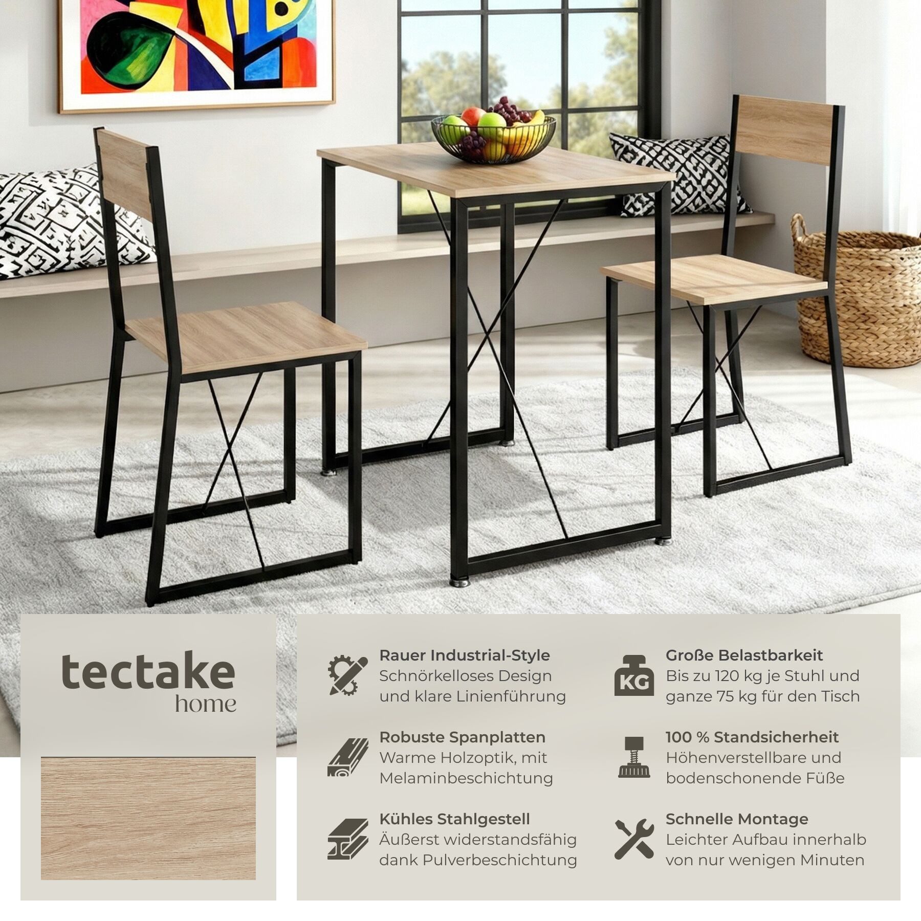 tectake Sitzgruppe Essgruppe 3-teilig, mit höhenverstellbaren Kunststofffüßen, (Loungeset Margate, 3-tlg., in Industrial Holz hell, Eiche Sonoma), Esstisch mit 2 Stühlen, Industrial Style, Holz und Stahl