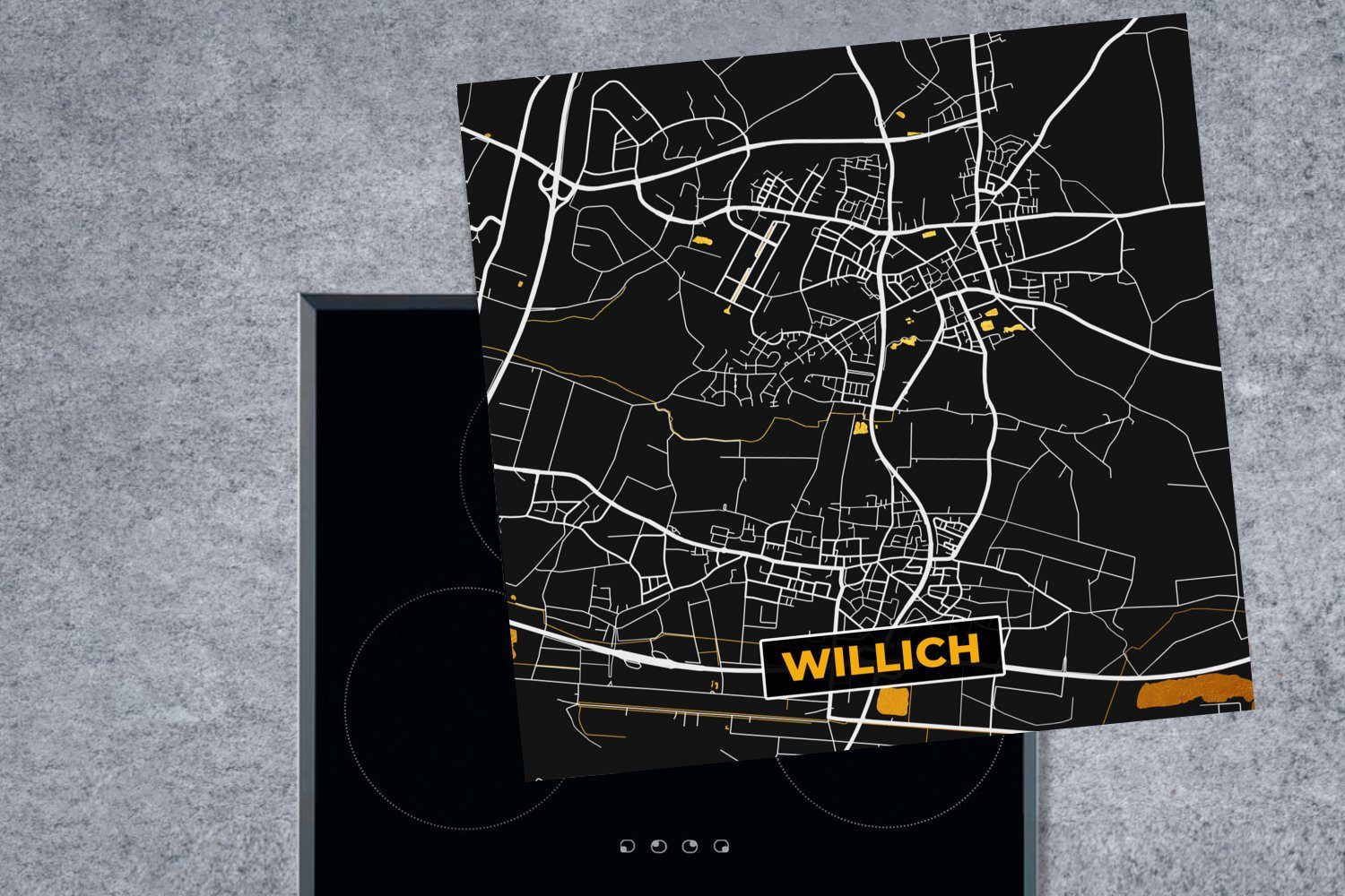 MuchoWow Herdblende-/Abdeckplatte Stadtplan Karte, und für Willich Schwarz - - tlg), Vinyl, Arbeitsplatte - 78x78 Deutschland cm, küche (1 Gold Ceranfeldabdeckung, 
