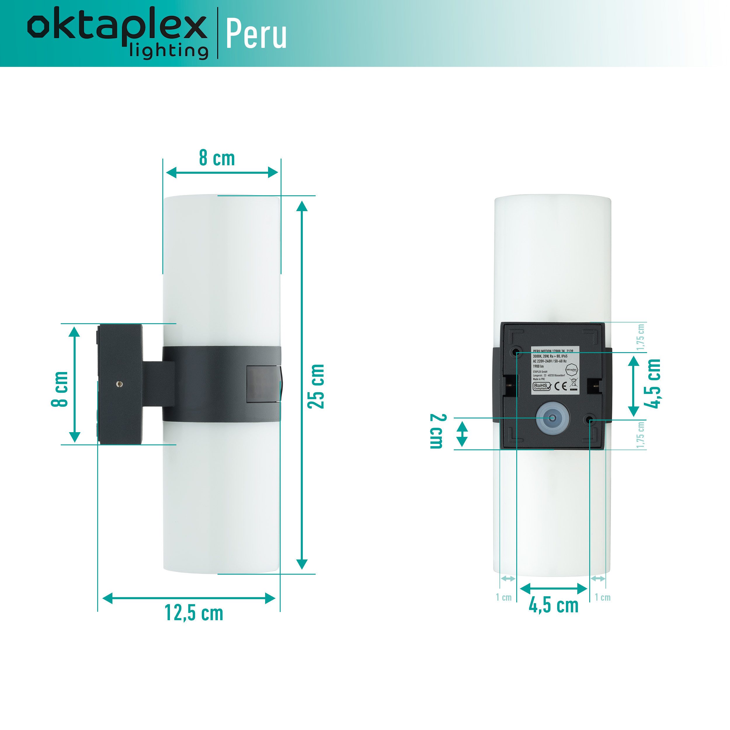 Oktaplex lighting LED Außen-Wandleuchte Peru Außenlampe mit Bewegungsmelder 12m / 180 Grad IP65, Bewegungsmelder, LED fest integriert, Warmweiß, Wandleuchte LED IP65 Außenbeleuchtung 1900 Lumen anthrazit