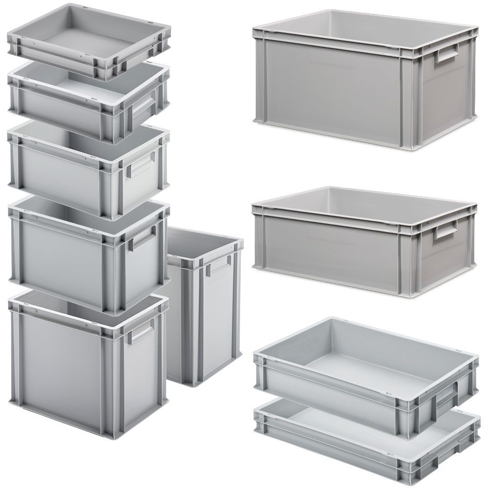 BRB-Lagertechnik Aufbewahrungsbox Set 4 - 10 Euro-Stapelbehälter in 10 verschiedenen Größen bzw. Höhen, Geeignet für Lebensmittel