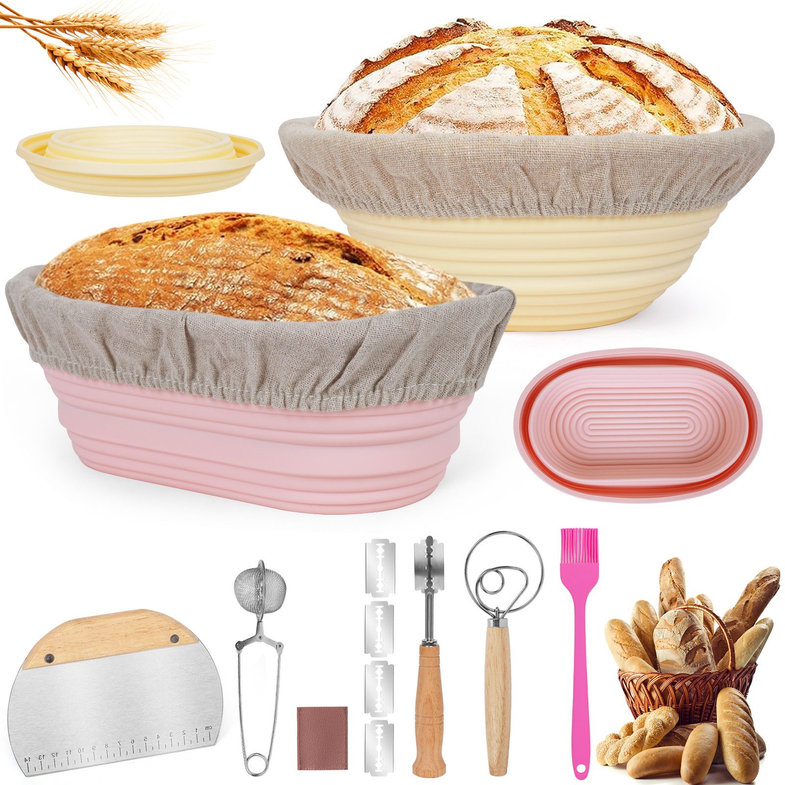 OSTWOLKE Gärkorb 2x Gärkörbchen Silicone Oval und Rund Komplettes Gärkörbchen Set, (1-tlg)