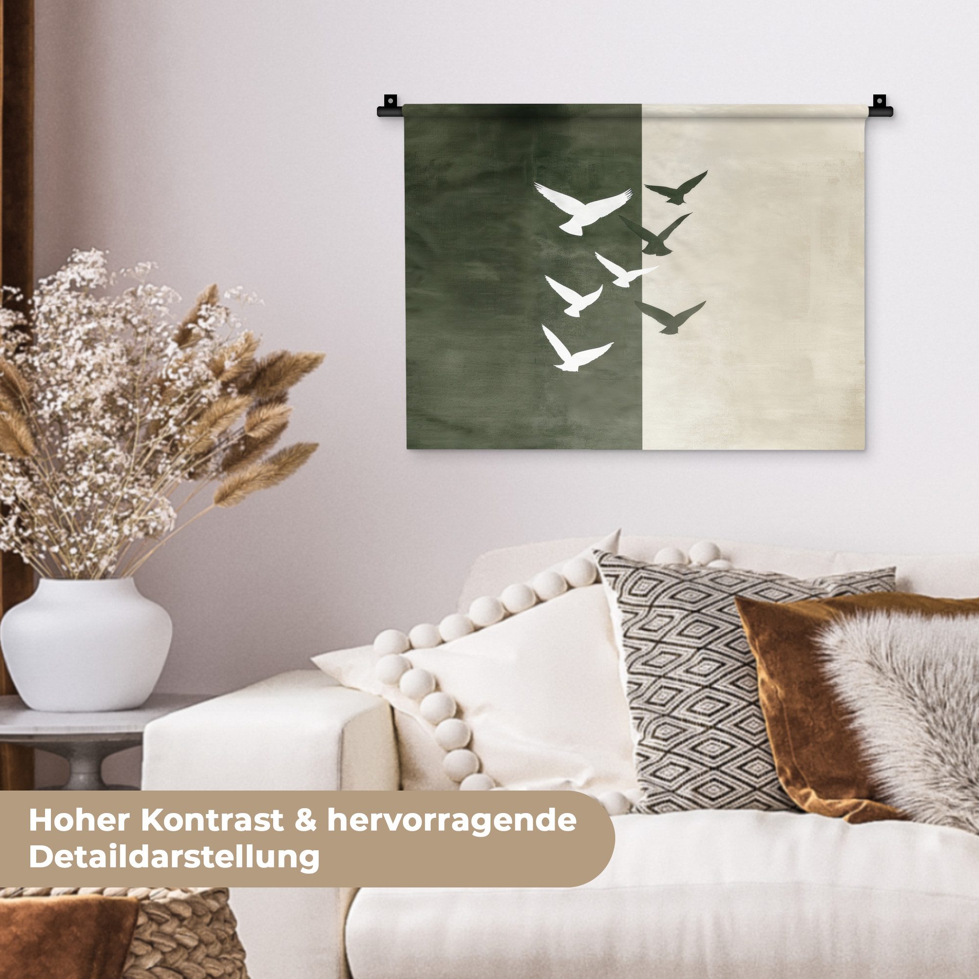 MuchoWow Wandteppich Japandi - Vogel - Grün, Rechteckig, Höhe: 3 mm, Wanddeko Teppich Wohnzimmer, Schlafzimmer, 60x45 cm