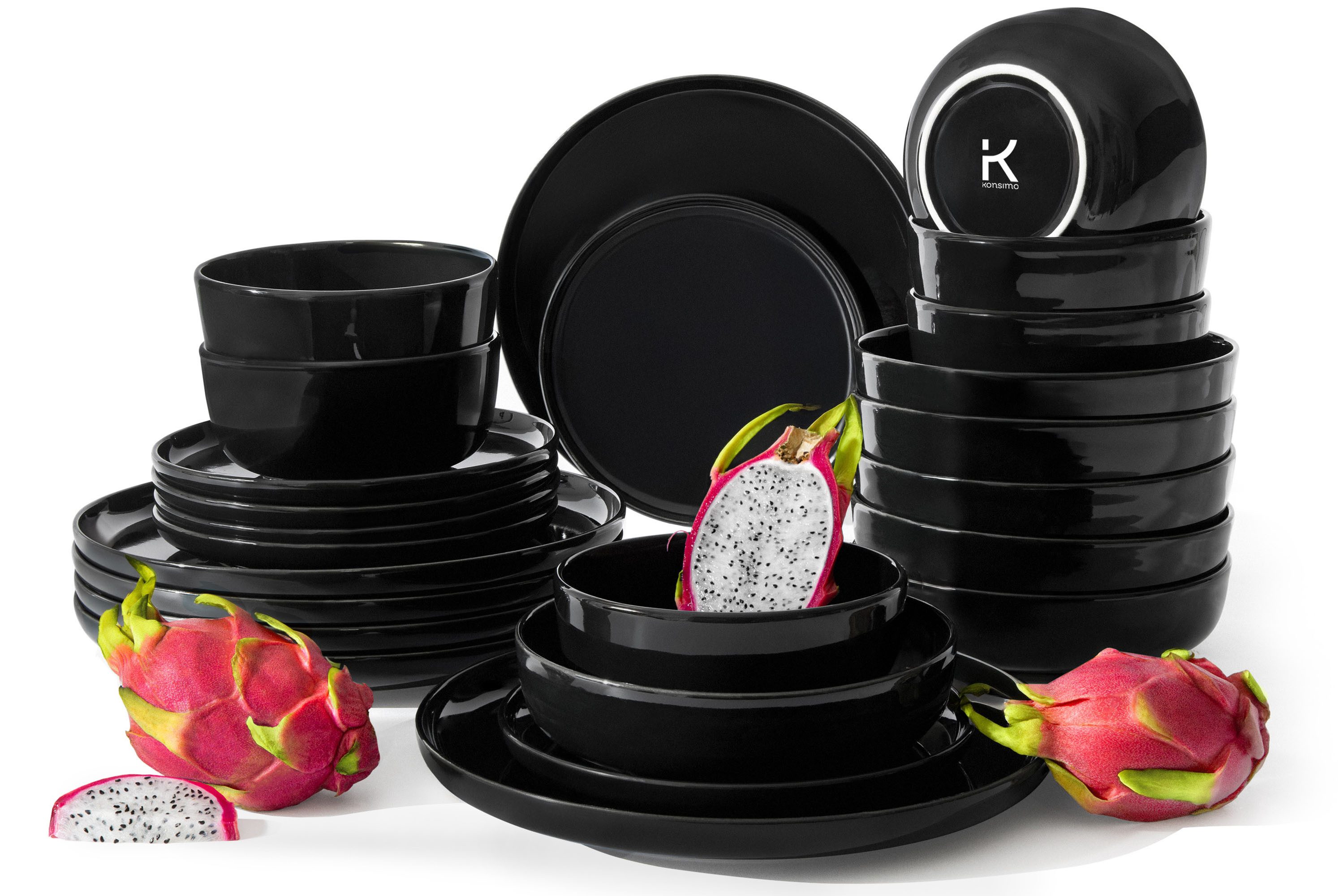 KONSIMO® Kombiservice VICTO Geschirrset hergestellt in der EU (24-tlg), 6 Personen, Steingut, spülmaschinengeeignet, mikrowellengeeignet, glänzend
