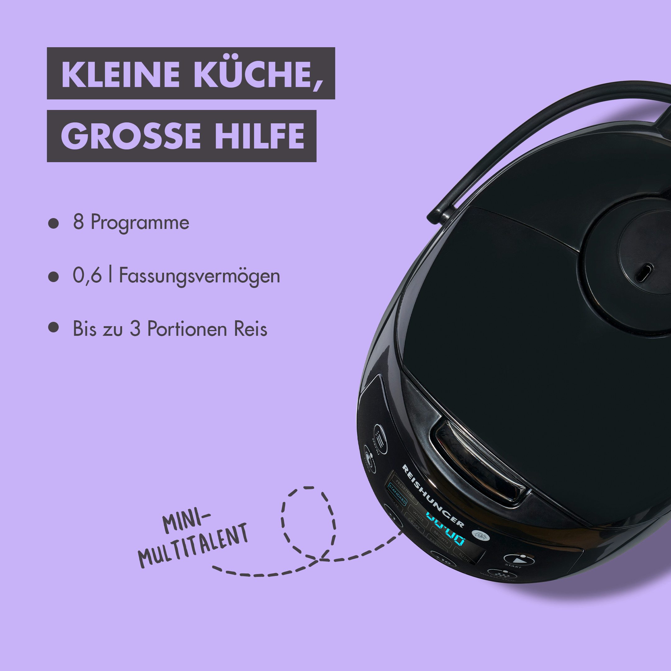 Reishunger Reiskocher - Digitaler Mini Reiskocher, 350 W, Dämpfeinsatz, Messbecher, Reislöffel, Timer- und Warmhaltefunktion