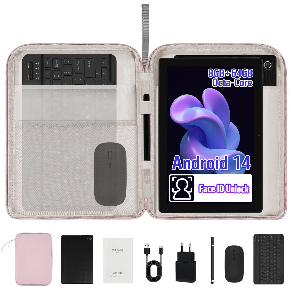 BUFO Android 14 10 Zoll 8(3+5)GB+64GB mit Tastatur, Maus und Stift Tablet (10", 64 GB, Android, 2,4G/5G WiFi, Dual-Kamera, Split-Screen-Funktion, Ideal für Home-Office und Uni)