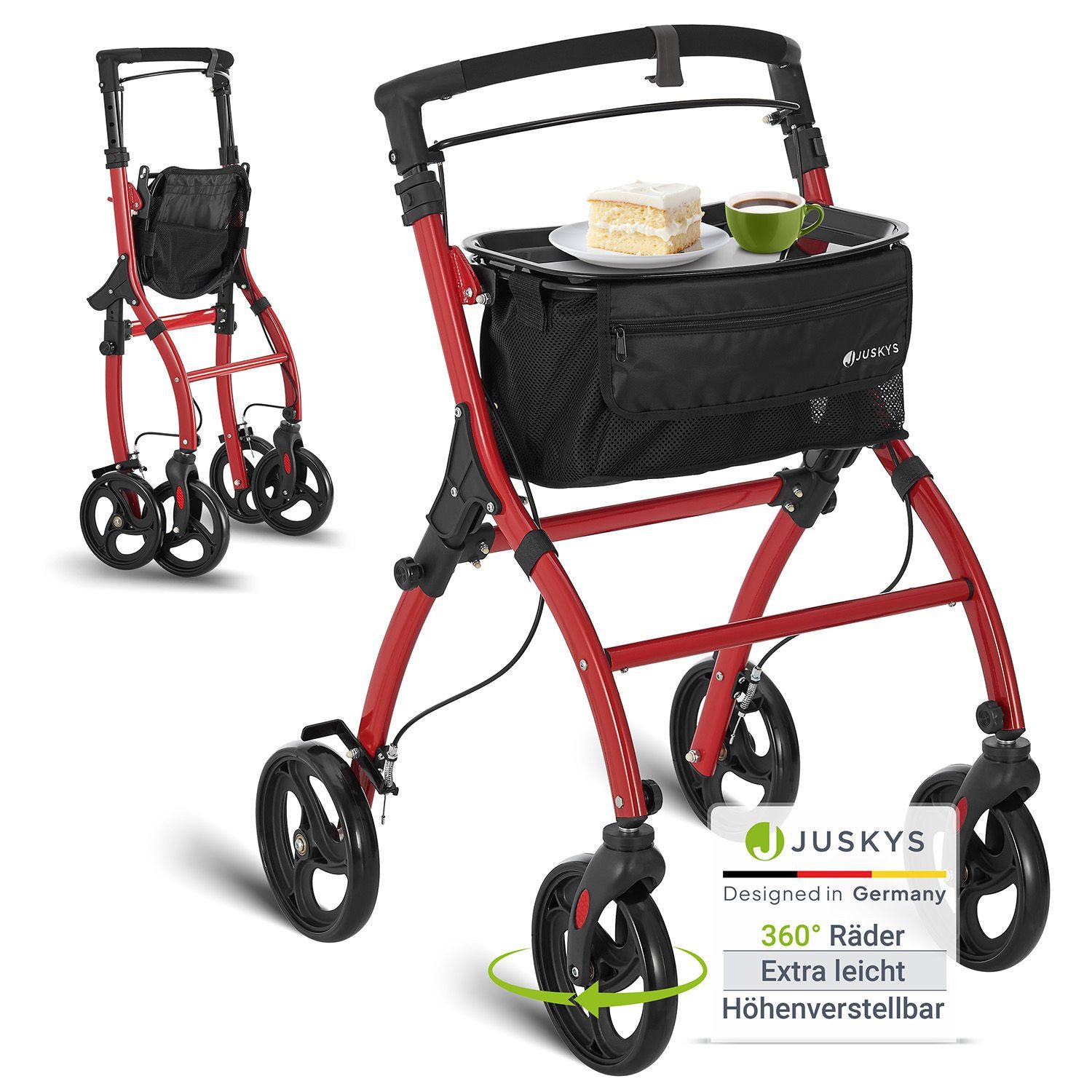 Juskys Indoor-Rollator Aktiv, für die Wohnung, mit Tasche & Tablett, schmal, verstellbar & faltbar