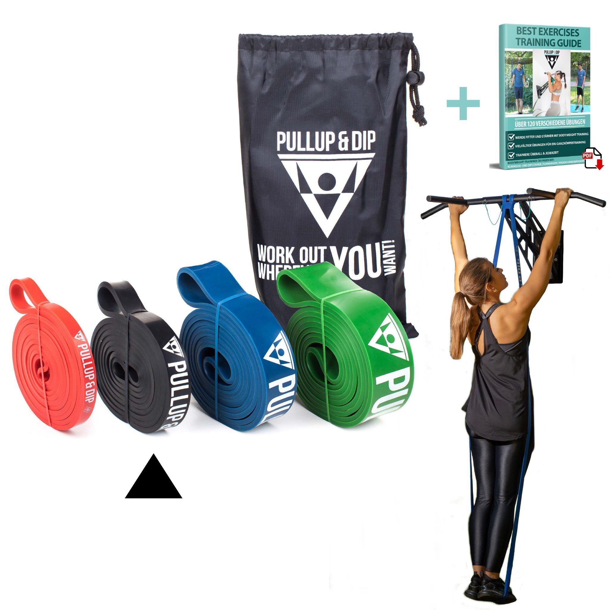 Pullup & Dip Trainingsband Fitnessbänder mit Tasche, Türanker (bei Sets) und Übungsguide