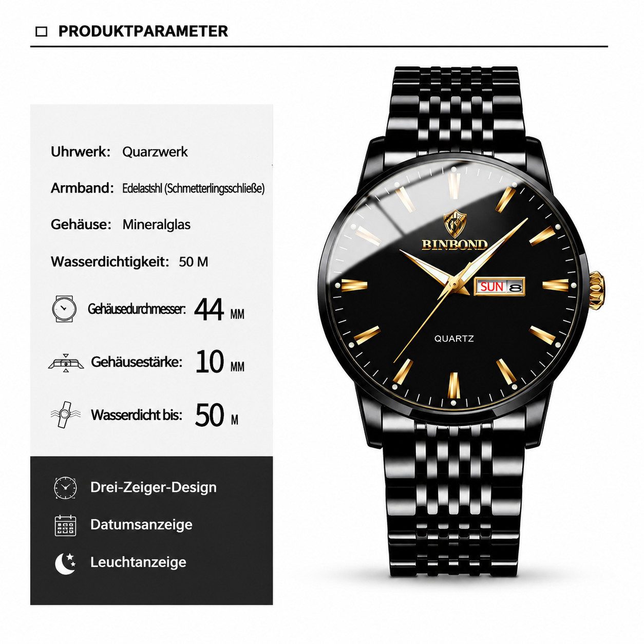 Toomoke Quarzuhr Edelstahl Armbanduhr, Herrenuhr, Automatikuhr mit 5ATM, (schwarz, Geschenk für Männer, (mit Bandkürzer und Uhrenbox), mit Datumsanzeige,Business-Uhr, Metall,Datum Analog