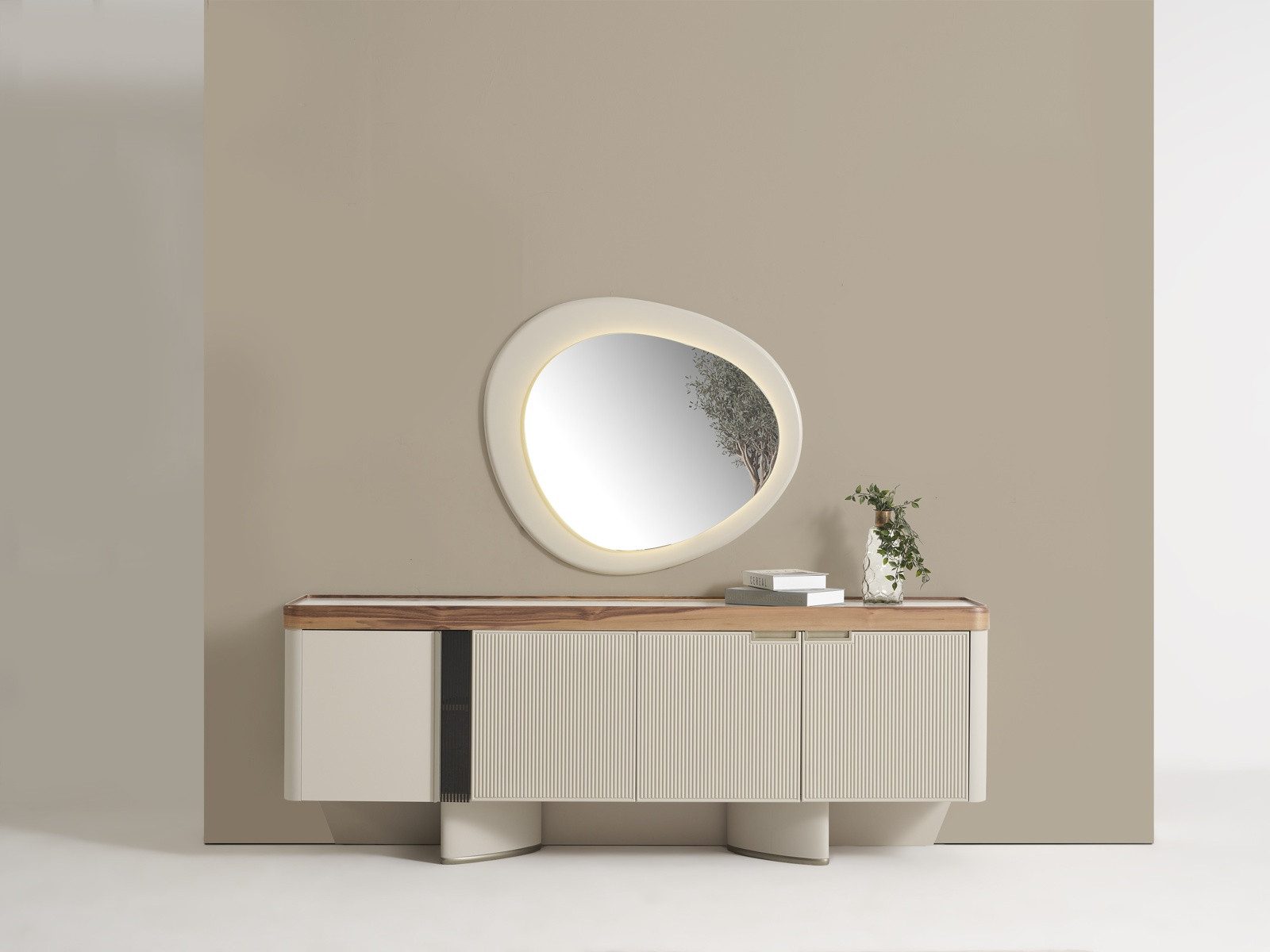 Villa Möbel Sideboard (Sideboard, 1 St., 210,8 × 46 × 79 cm), Sideboard mit viel Stauraum und ruhiger Beige Walnuss Optik