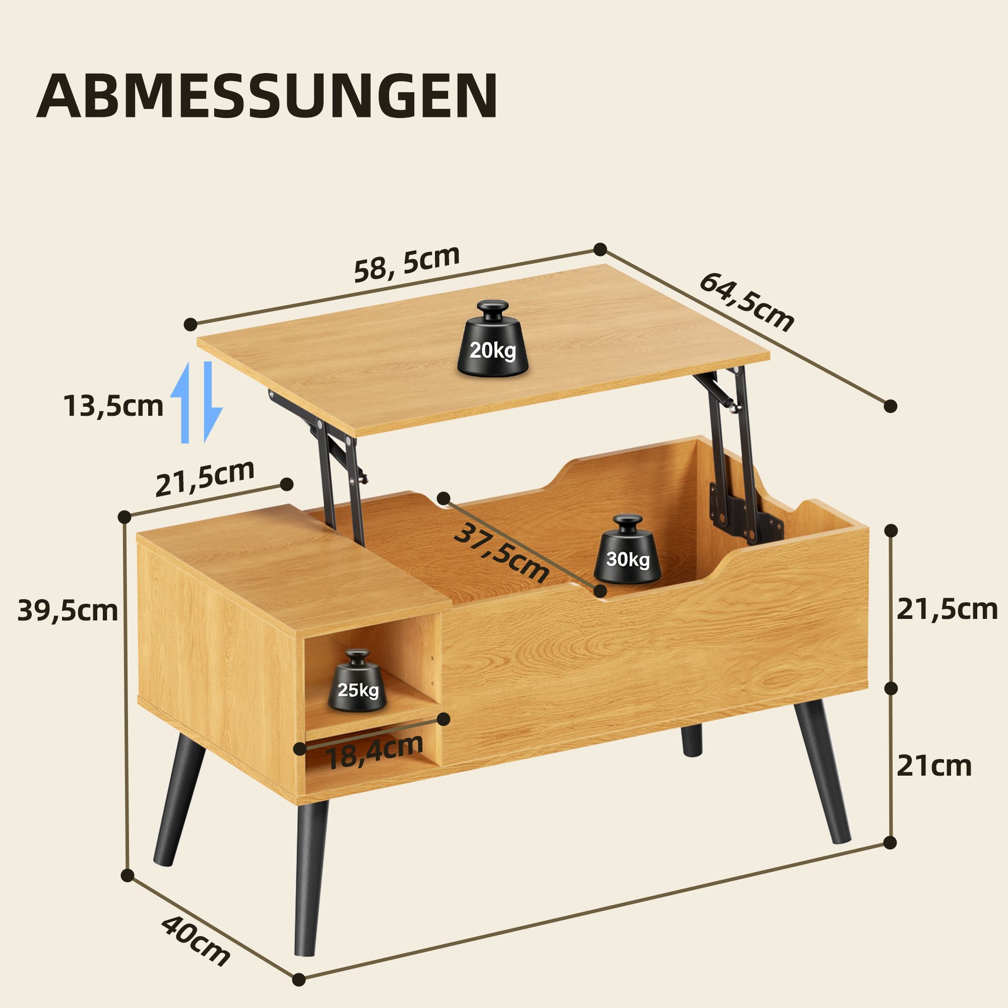 OYRREU Couchtisch höhenverstellbarer Sofatisch mit Liftplatte, Naturholz (Set, inkl. Zubehörpaket & Anleitung, aufklappbar, versteckter Stauraum), 80 x 40 x (44-58) cm Beistelltisch, modern, offenem Fach, Ablage