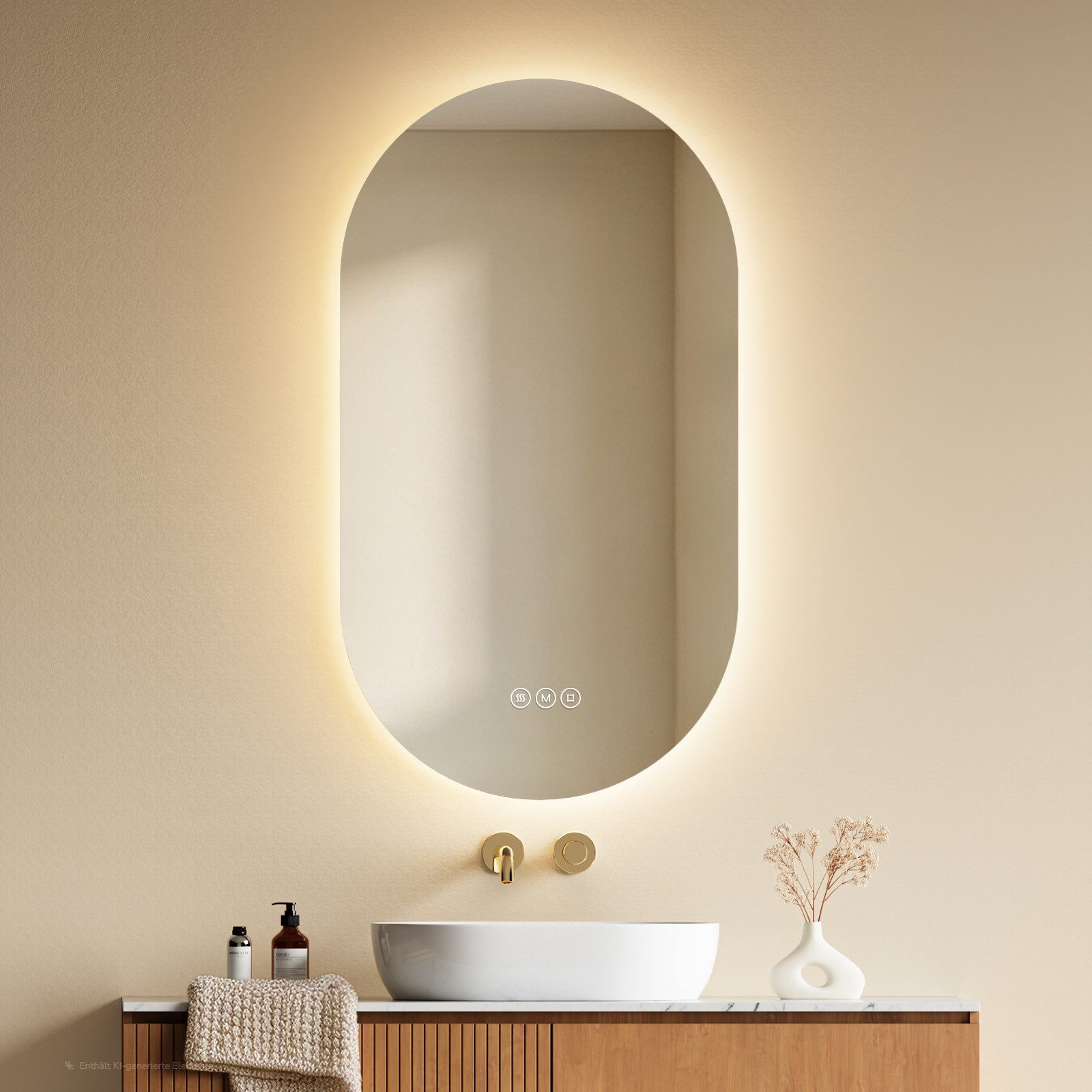 EMKE Badspiegel Oval mit LED-Beleuchtung, dimmbar, 3 Lichtfarben und Antibeschlag, 5mm kupferfrei Touch Memory IP65