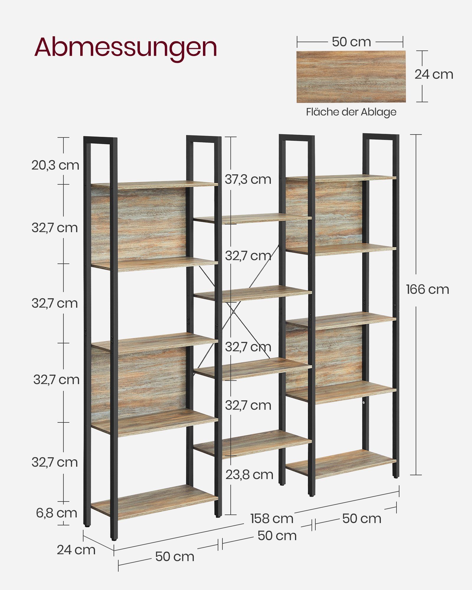 14 Ablagen, 158 cm, Metall x x 24 Bücherregal, VASAGLE 166 Eichenfarben-Schwarz Leiterregal,