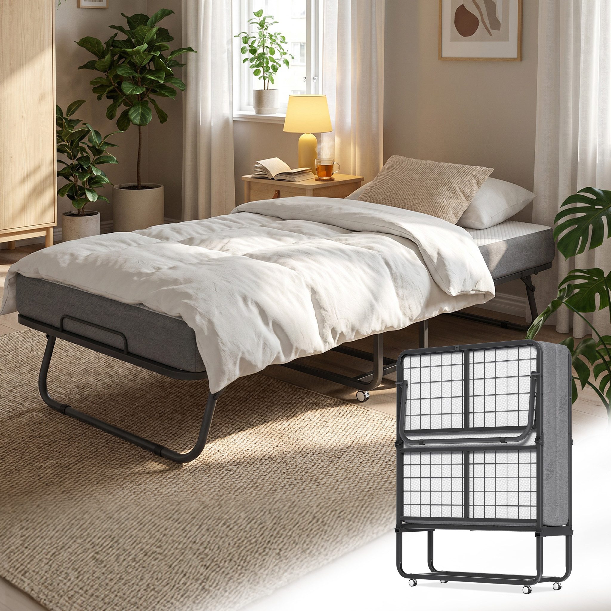 FIVMEN Gästebett Gästebett faltbar Klappbett mit 13 cm dicker Matratze 90x200 cm (Packung, 1x Klappbett mit Matratze) Feste Liegefläche, 360° Rollen, Feststellfunktion, abnehmbarer Bezug