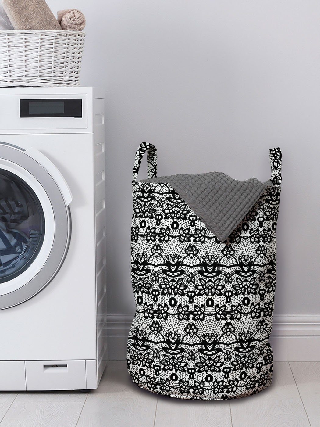 Waschsalons, Griffen und Spitze Kordelzugverschluss Wäschesäckchen Vintage weiß für Abakuhaus mit Schwarz Wäschekorb
