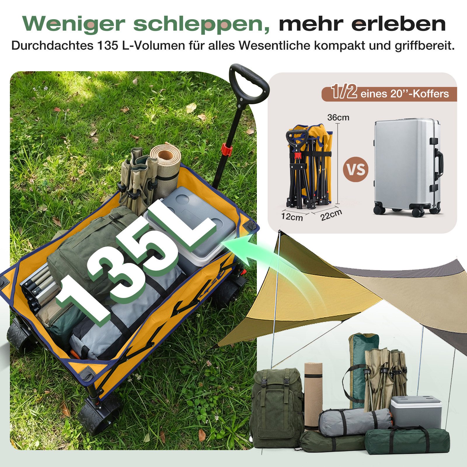 Sekey Bollerwagen 150KG Bollerwagen Faltbar Handwagen mit breiten Reifen Campingwagen, Leichter Faltbollerwagen mit Bremse, Patentiert 4-Wege-Sofortaufbau – Bild 5 von 5