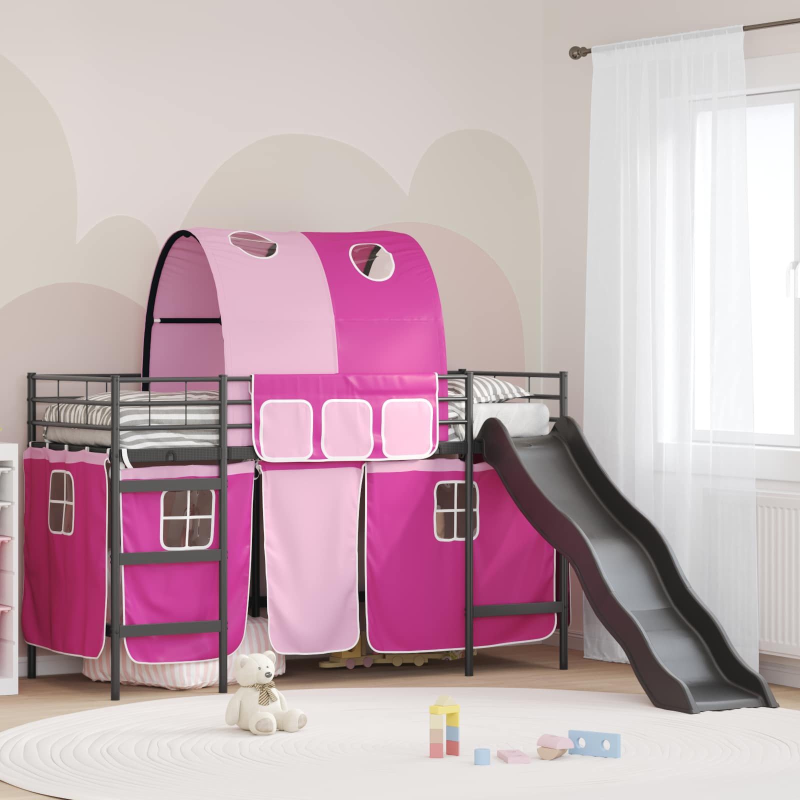 vidaXL Bett Etagenbett für Kinder mit Vorhängen Uni Schwarz und Pink Metall (1-tlg)