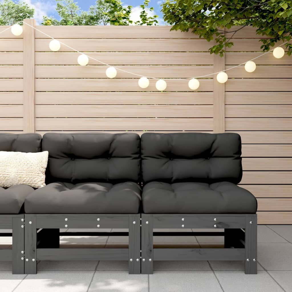 vidaXL Gartenlounge-Mittelteil, Mittelsofas mit Kissen 2 Stk. Grau Massivholz Kiefer