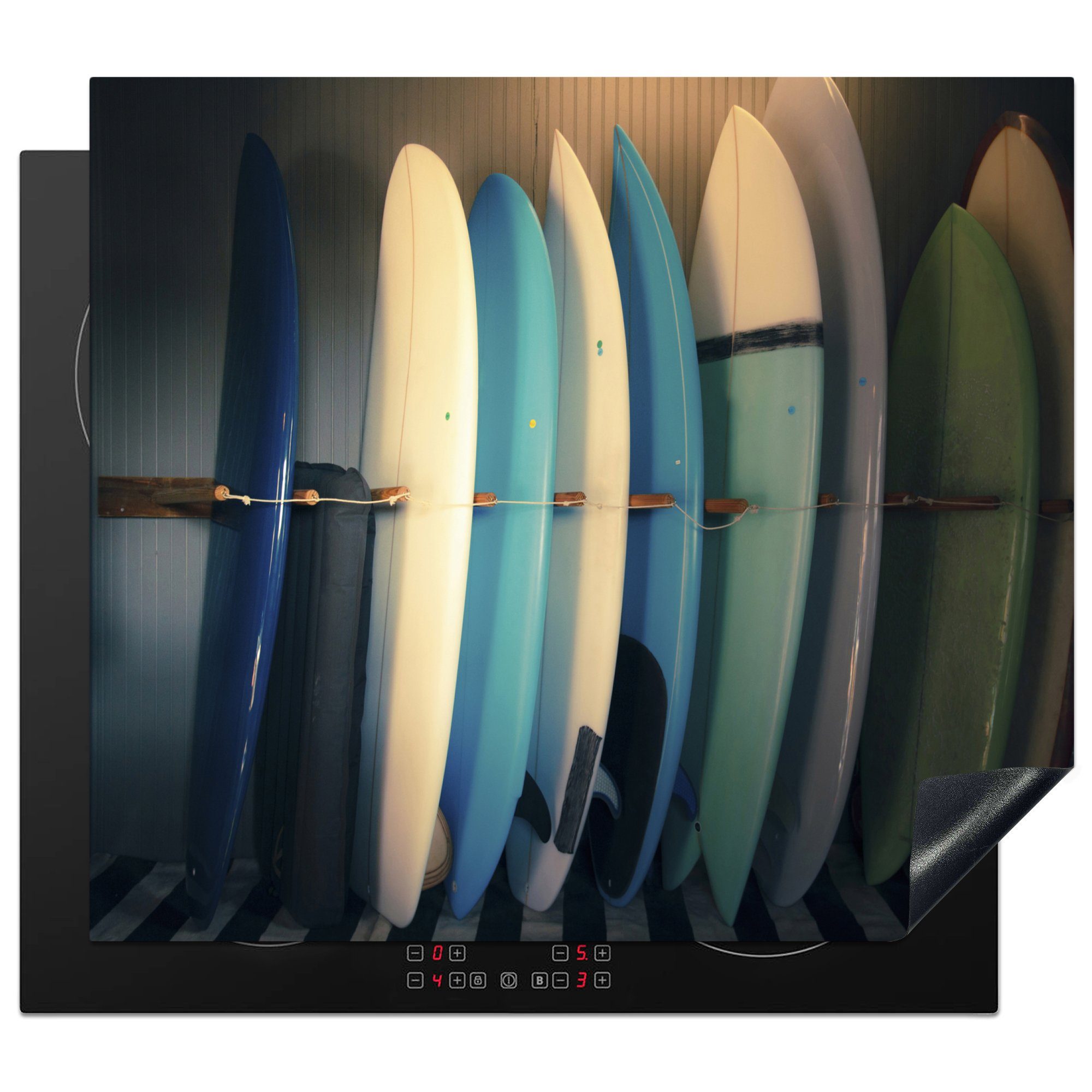 MuchoWow Herdblende-/Abdeckplatte Surfbretter in einem Gestell, Vinyl, (1 tlg), 60x52 cm, Mobile Arbeitsfläche nutzbar, Ceranfeldabdeckung