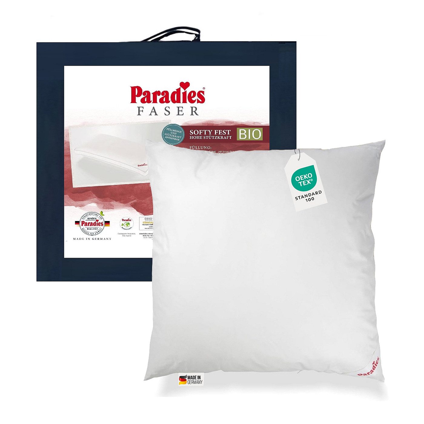 Paradies Kunstfaserkopfkissen Paradies Kopfkissen Softy Bio fest 80x80 hohes Bauschvolumen Außensteg, Füllung: Paradies Softys, Bezug: 100% Bio Baumwolle, Bauchschläfer, Rückenschläfer, Seitenschläfer