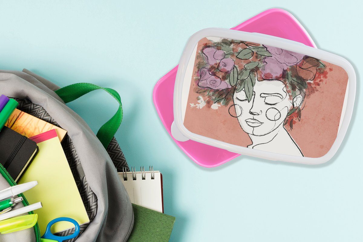 Brotbox rosa - (2-tlg), - Porträt Kinder, Frau Pastell, Erwachsene, Mädchen, Lunchbox Blumen Kunststoff - MuchoWow Kunststoff, für Snackbox, Brotdose