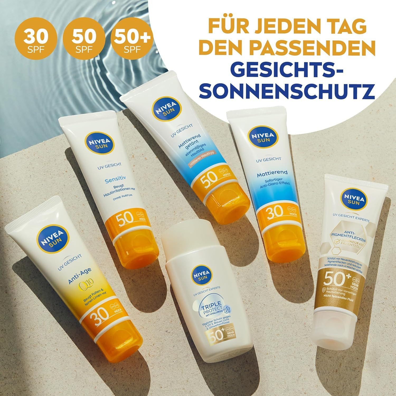 Nivea Sun Sonnenschutzcreme Triple Protect Sonnenfluid SPF 50+ – Ultra-leichter Schutz vor UV, Blue Light & Umwelteinflüssen – 40 ml, leicht, schnell einziehend, umweltfreundlich, dreifacher Schutz, wasserfest, antioxidativ, schweißresistent