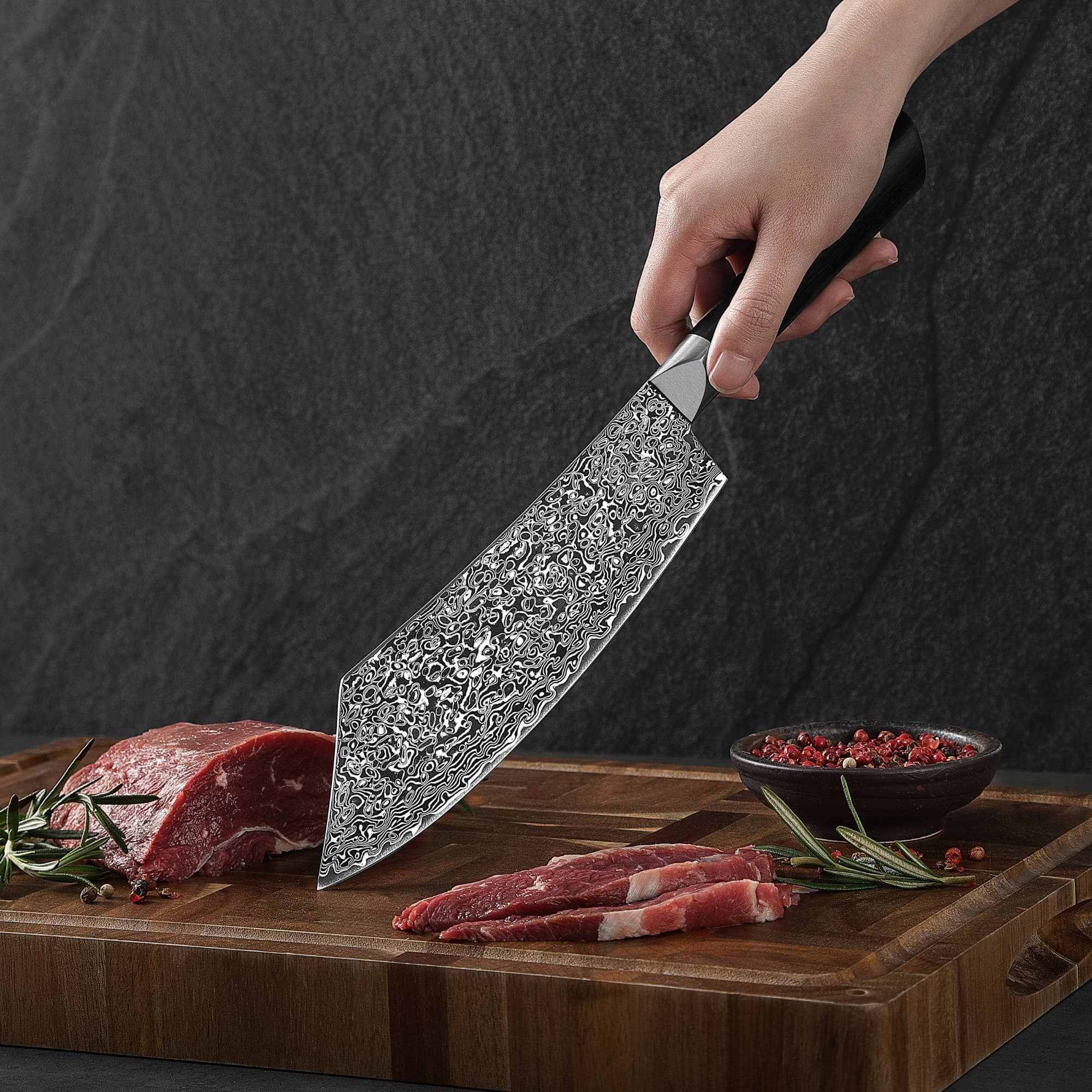 ZAYIKO Fleischmesser Black Edition dunkler Damast Küchenmesser Hakata Bocho 20 cm Klinge, schwarzer Damaststahl, VG10-Kern