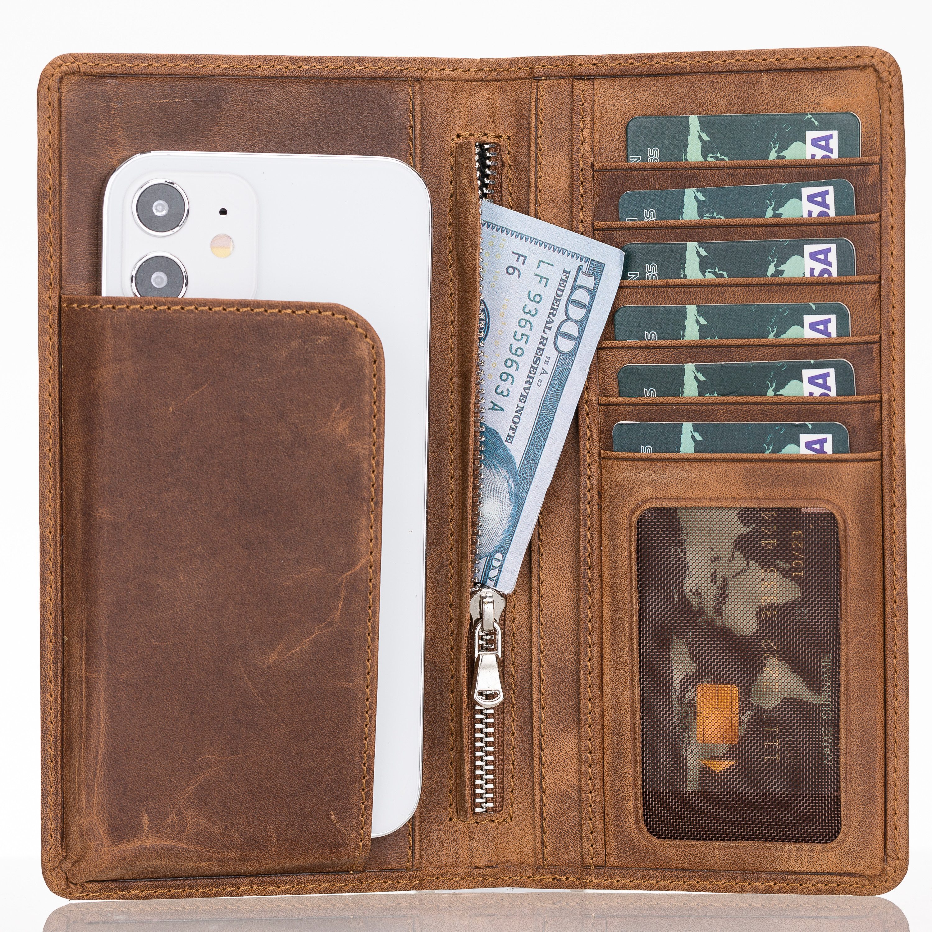 Renna Leather Geldbörse Handygeldbörse Leder Universal Handytasche mit Reißverschluss