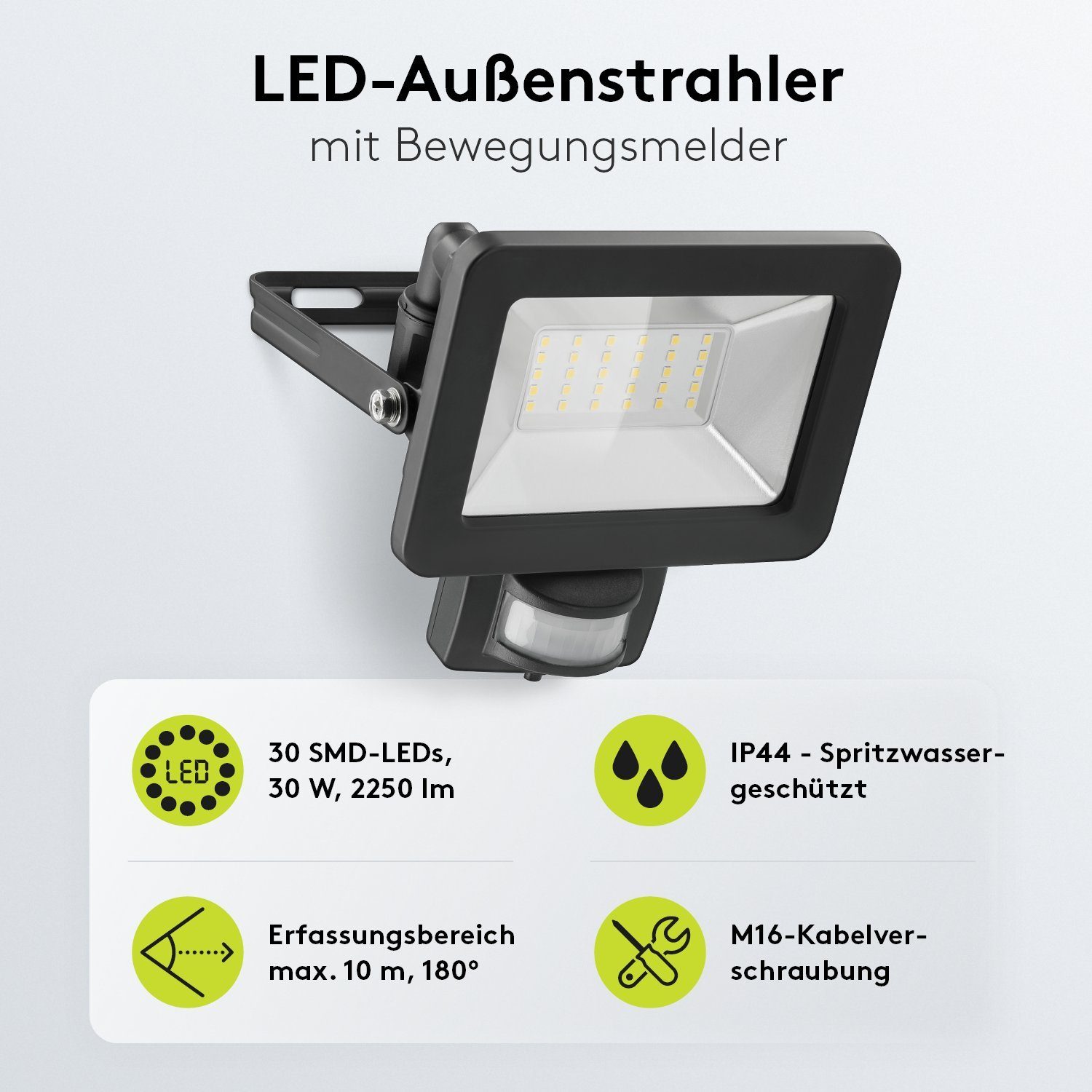 Goobay LED Flutlichtstrahler LED Außenstrahler mit Bewegungsmelder 30 W Scheinwerfer, LED fest integriert, Neutralweiß, 4000 K / 2550 lm / M16 Kabelverschraubung / Schwarz