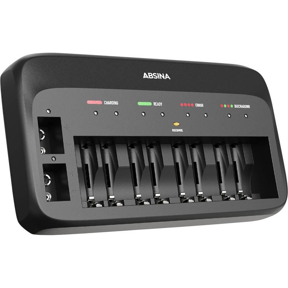 ABSINA Akkuladegerät X10 für AA, AAA & 9V Akkus 301003 Rundzellen-Lader (Akku-Defekt Erkennung, Akkuerkennung, Auffrischen / Regenerieren)