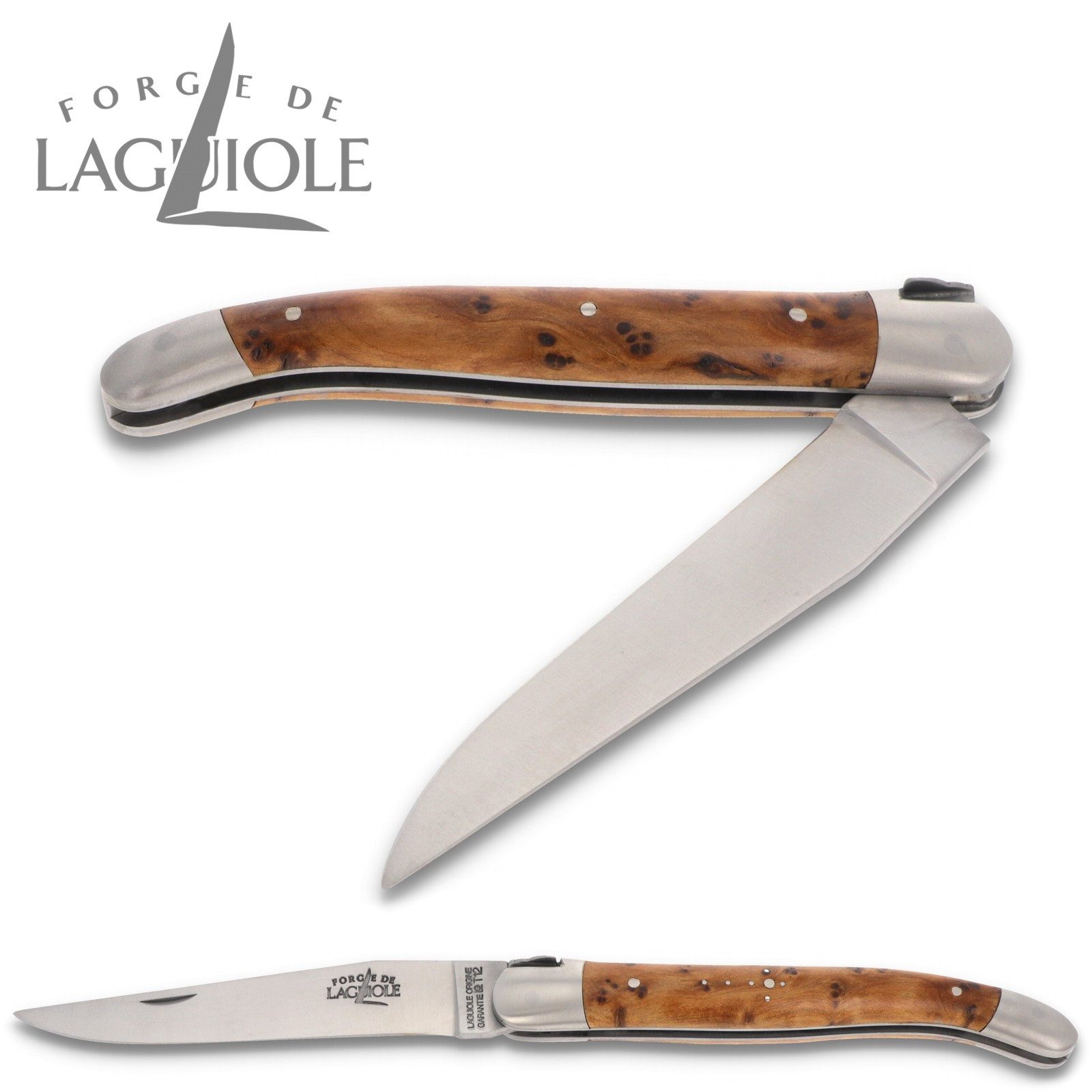 Forge de Laguiole Taschenmesser 1211 IN TH SAT, Griff 11cm Thuja - Verzierte Feder - Klinge Backen Stahl satiniert