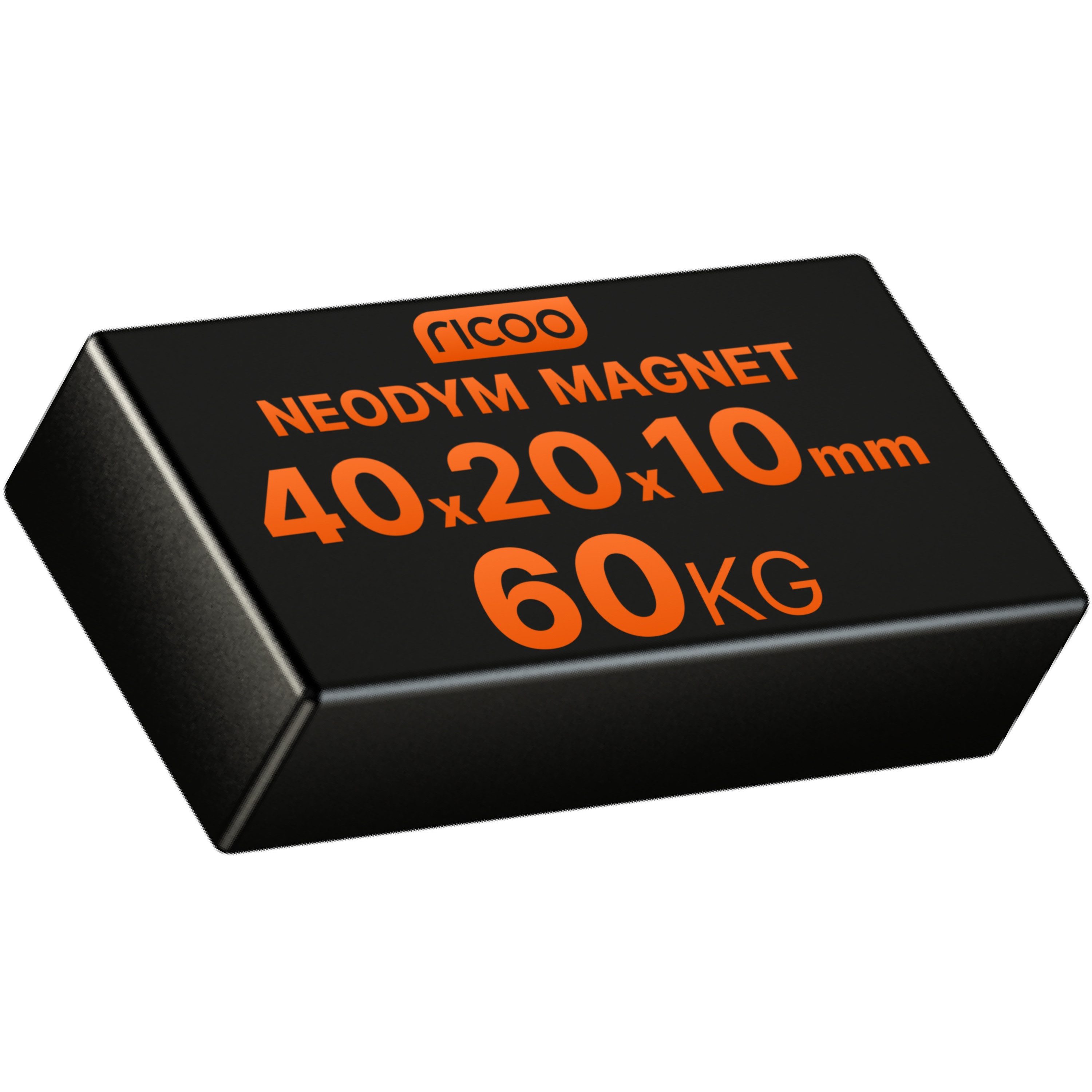 RICOO Magnet Neodym Magnet Extra Starke NEODYMMAGNET (1-St., 40x20x10mm N52 Rechteck Haftkraft bis 60Kg), Quadermagnet sehr starker Quader Breite x Tiefe x Höhe 4 x 2 x1 cm