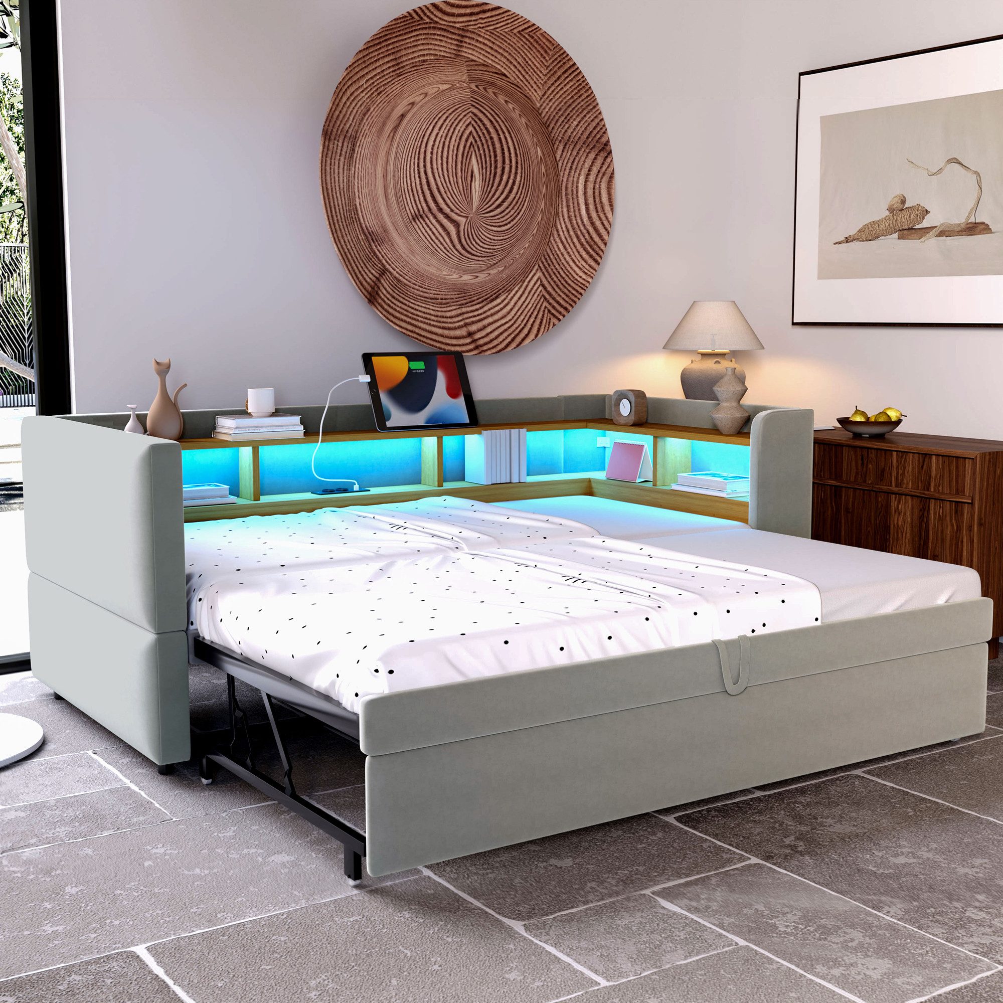 Merax Daybett (Einzelbett/Doppelbett), Polsterbett mit Ausziehbett, Schlafs günstig online kaufen