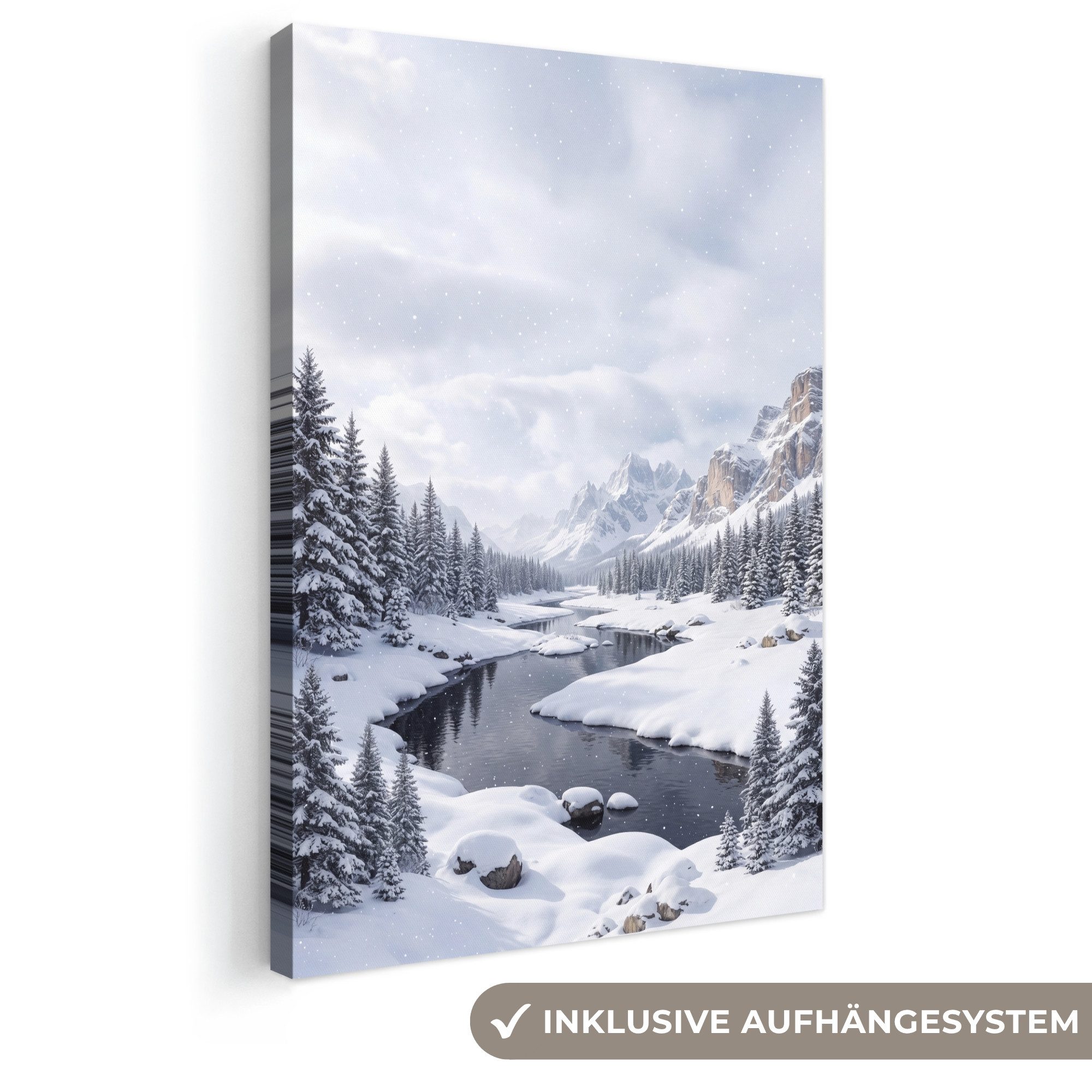OneMillionCanvasses® Leinwandbild Verschneite Landschaft - Berge - Fluss - Winter, Fotodruck (1 St), Leinwand Canvas Wandbild, Wanddekoration 20x30 cm