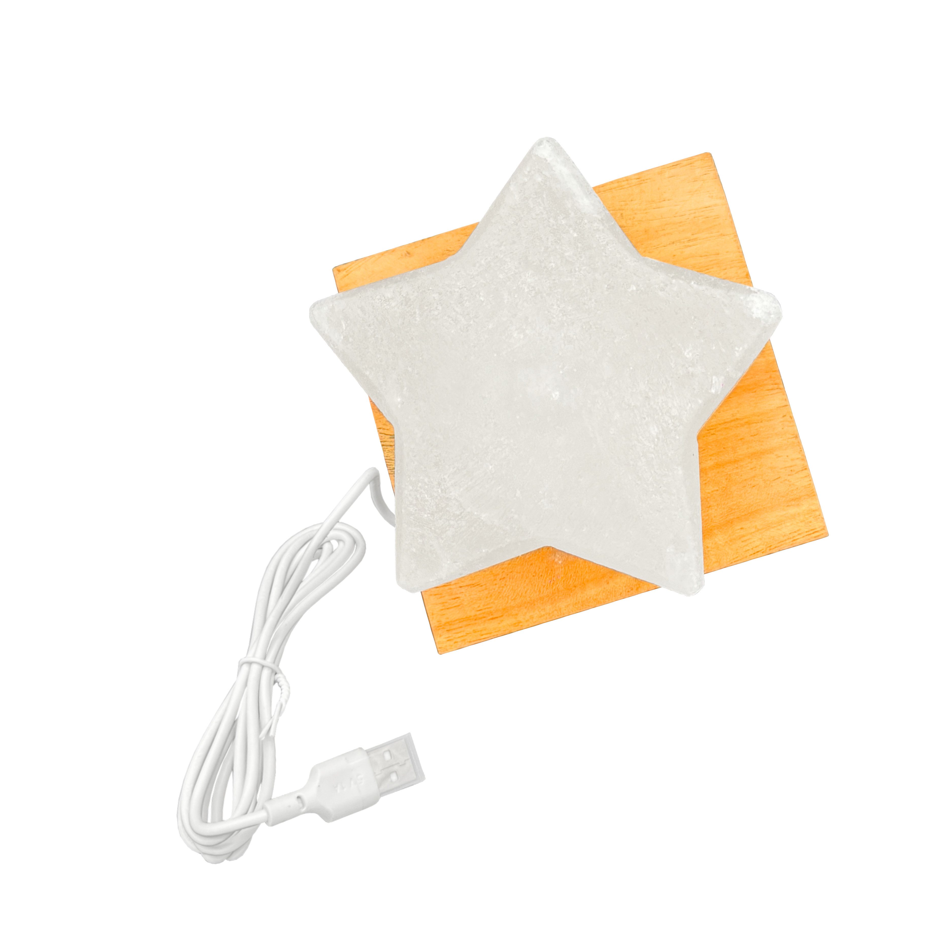 HAF LED Nachttischlampe LED Beleuchtete USB Salzlampe STERN Weiß Kristallsalz mit Holzsockel, LED, Weiß, Als Tischlampe für Büro & Schlafzimmer