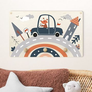 Bilderdepot24 Garderobenpaneel bunt Illustration Tiere Waldtiere Fröhlicher Fuchs am Steuer (Kindergarderobe Holz Kleiderhaken für die Wand inkl. Montagematerial), moderne Wand Garderobenleiste Flur - kleine Hakenleiste Kinderzimmer