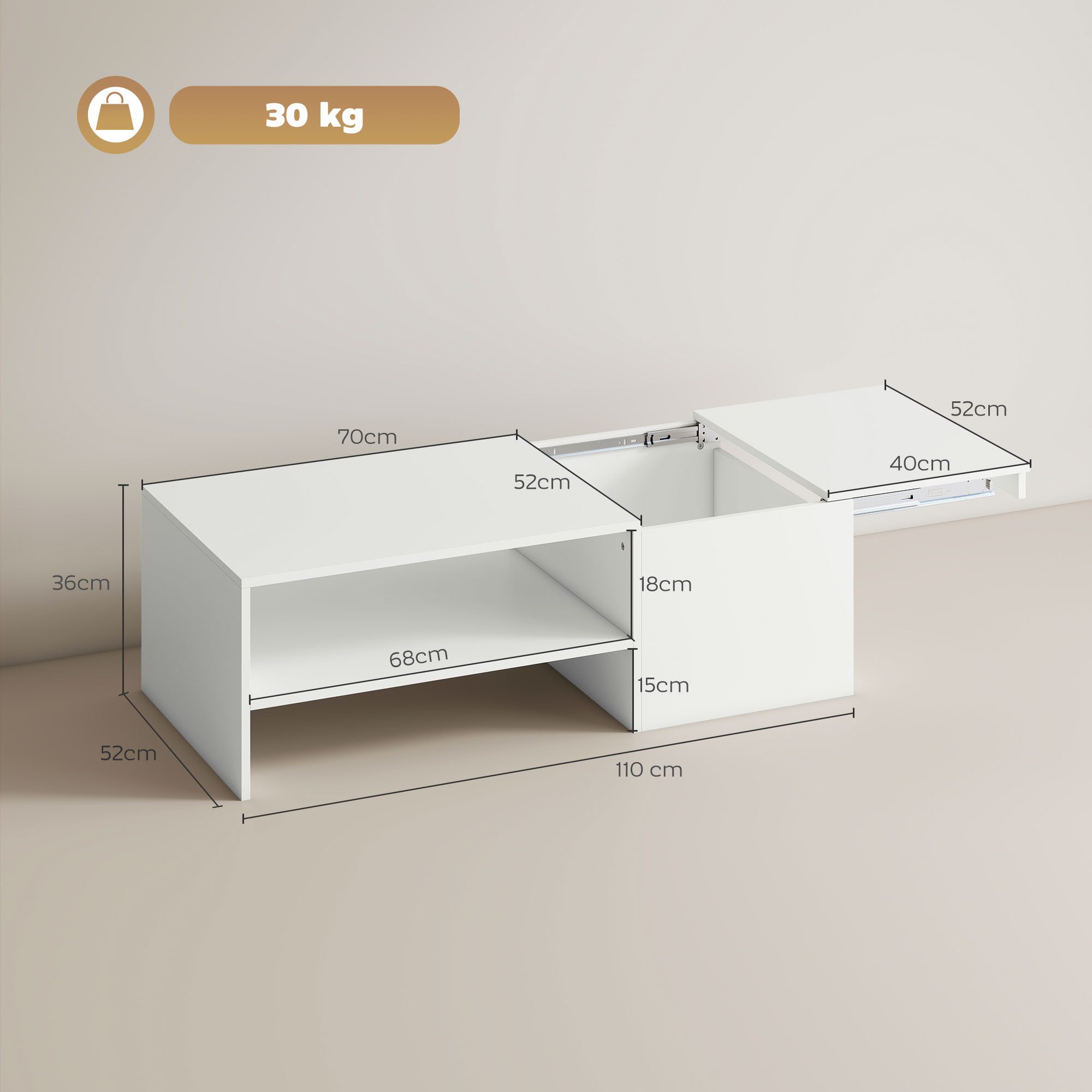 HOMCOM Couchtisch Wohnzimmertisch mit Stauraum Regal, Modern Beistelltisch (Sofatisch, 1-St., Wohnzimmertisch), für Wohnzimmer 110 x 52 x 36 cm, Weiß